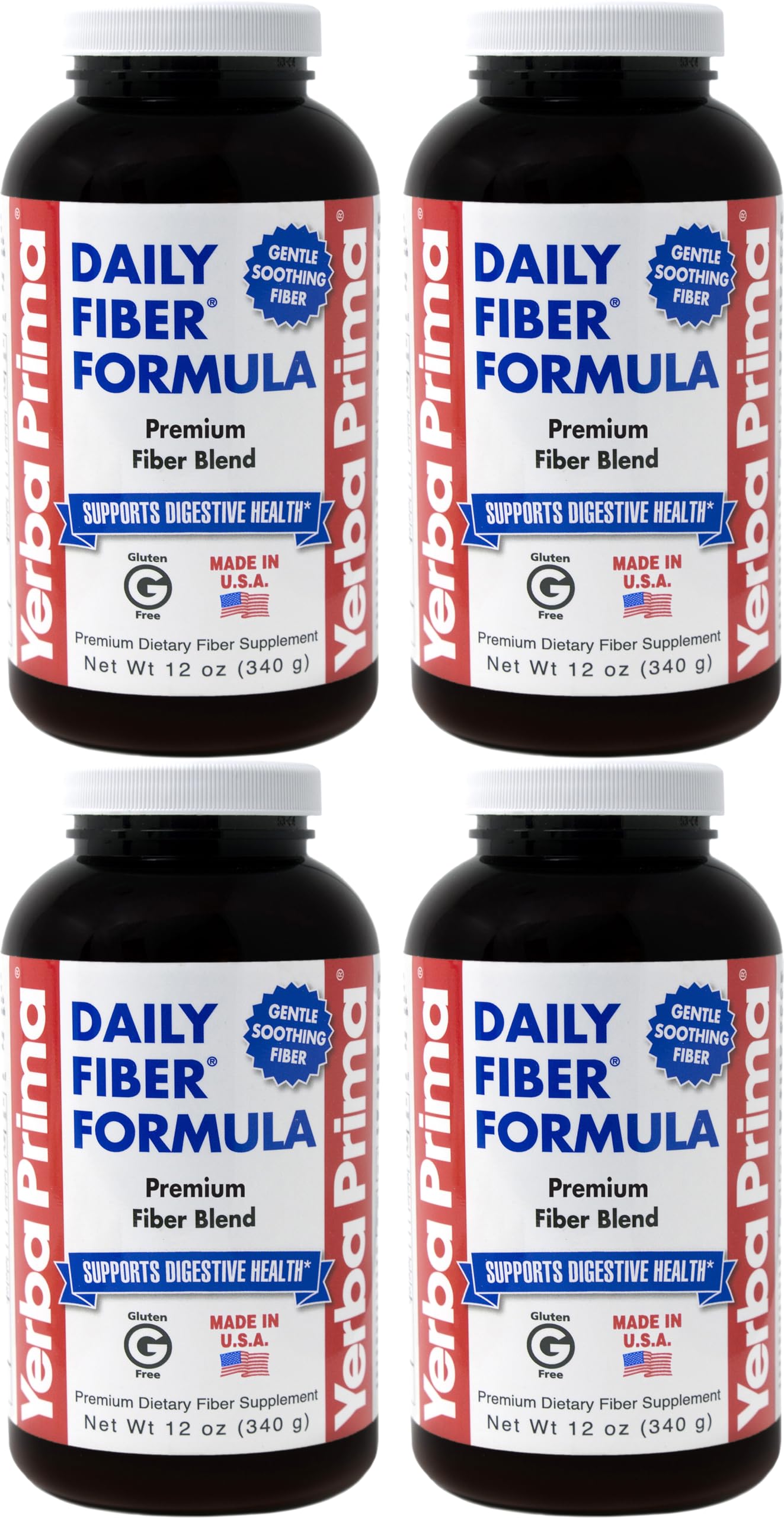 Yerba Prima Daily Fiber Formula Powder - 12 oz (Pack of 4) - Soluble & Insoluble Dietary Fiber Supplement - Gut Health - Vegan, Non-GMO, Gluten-Free