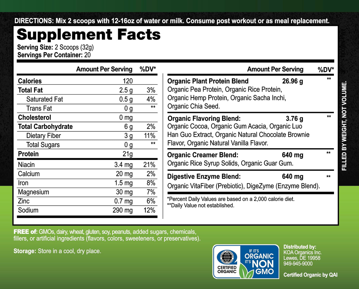 KOA Organics Vegan Protein Powder, Gourmet Chocolate Brownie Flavor- 21g of The Best Tasting Plant-Based Protein with only 120 Calories - USDA Organic, Non-GMO, Gluten Free, Sugar Free - 640g
