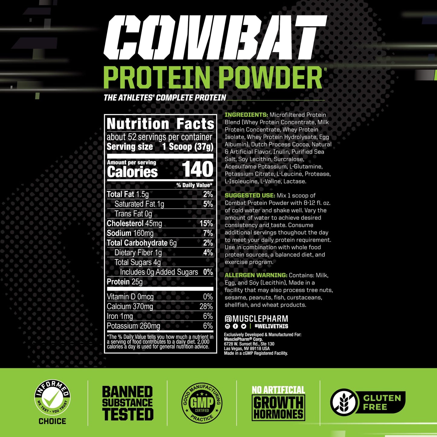MusclePharm Combat Protein Powder, Chocolate Milk Flavor, Fuels Muscles for Productive Workouts, 5 Protein Sources including Whey Protein Isolate & Egg Albumin, Gluten Free, 4.2 lb, 52 Servings