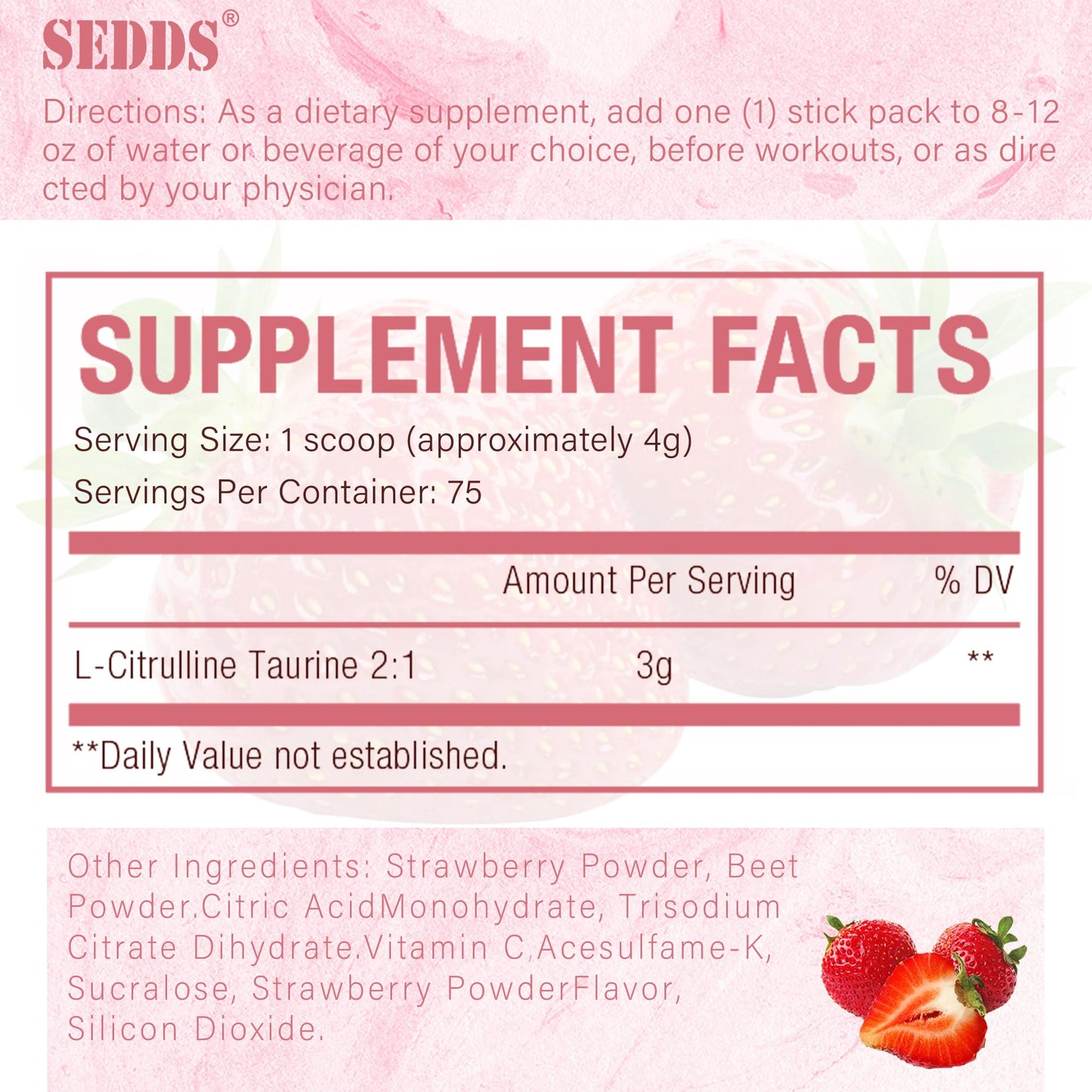 SEDDS Strawberry-Flavored L-Citrulline Taurine 2:1, L Citrulline Powder, Unflavored Vegan Taurine Powder, Pre-Workout Sports Nutrition for Men and Women,1 Pound of Powder Each Can