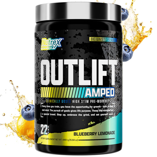 OUTLIFT Amped Max Dosed HIGH STIM Pre Workout Powder, 6G Citrulline, 3.2G Beta Alanine, Alpha GPC, CognatiQ, Extreme Energy, Massive Pumps, Electrolytes, Nootropics Blueberry Lemonade - 22 Serv