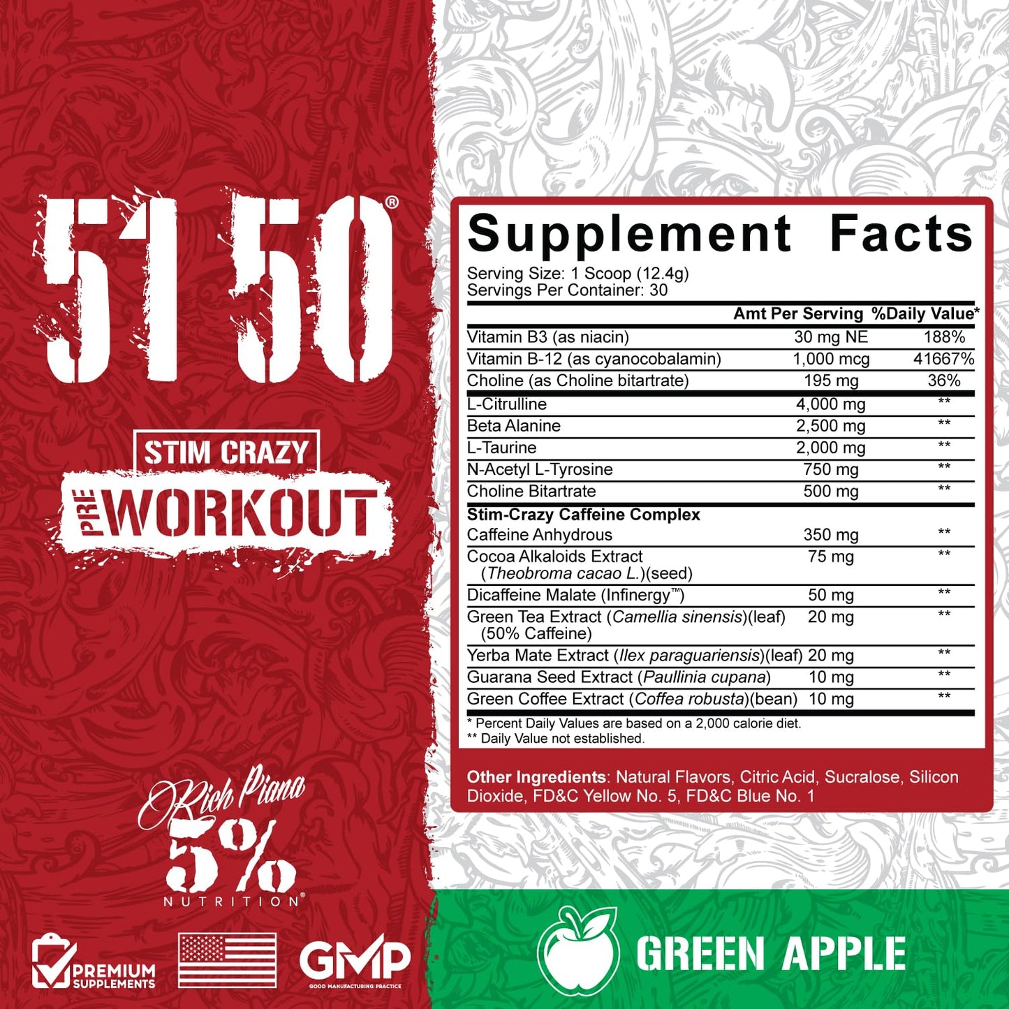 5% Nutrition Rich Piana 5150 High Stim Pre-Workout Powder | Extreme Energy, Focus, Pumps & Endurance | 400 mg Caffeine, Citrulline, Beta Alanine, N-Acetyl L-Tyrosine | 30 Srvgs (Green Apple)