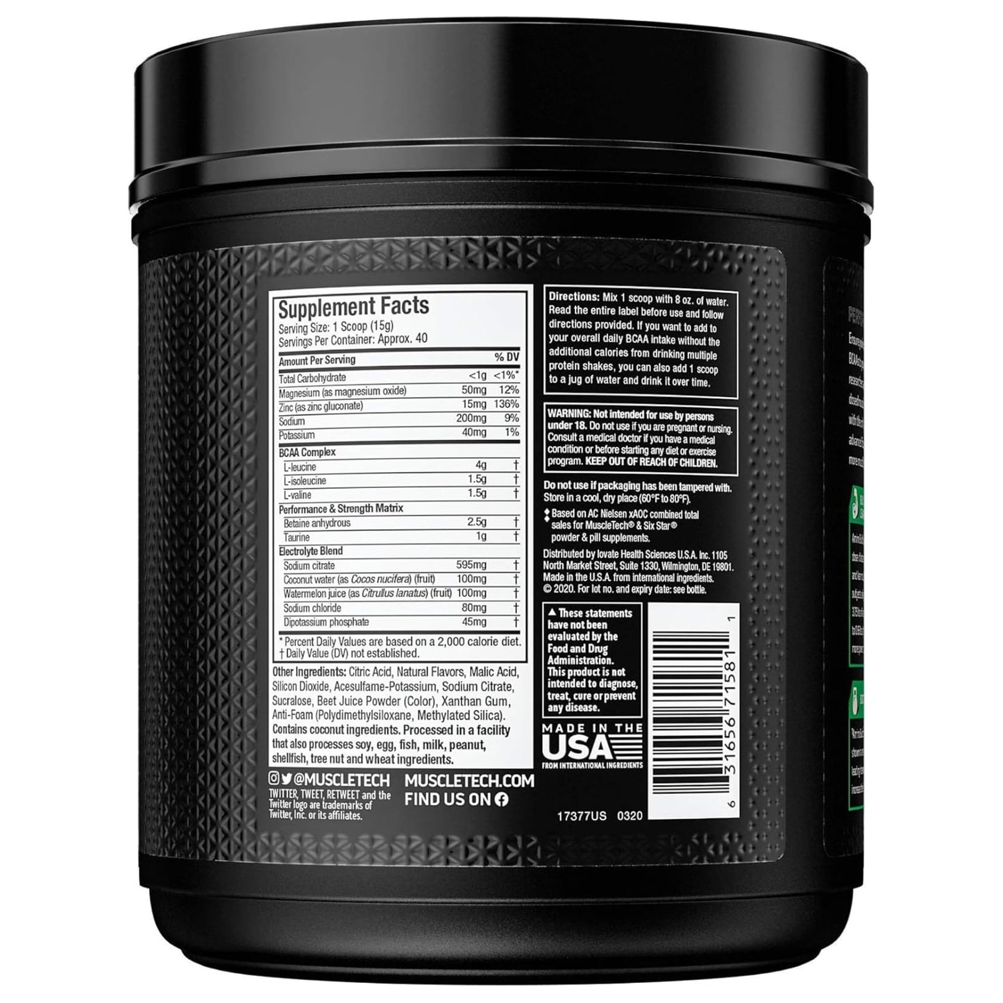 MuscleTech BCAA Powder for Men & Women, Strawberry Watermelon - Amino Acids Nutritional Supplement with Electrolytes for Energy, Muscle Gain & Recovery - Sugar-Free Gym Pre-Workout - 40 Servings