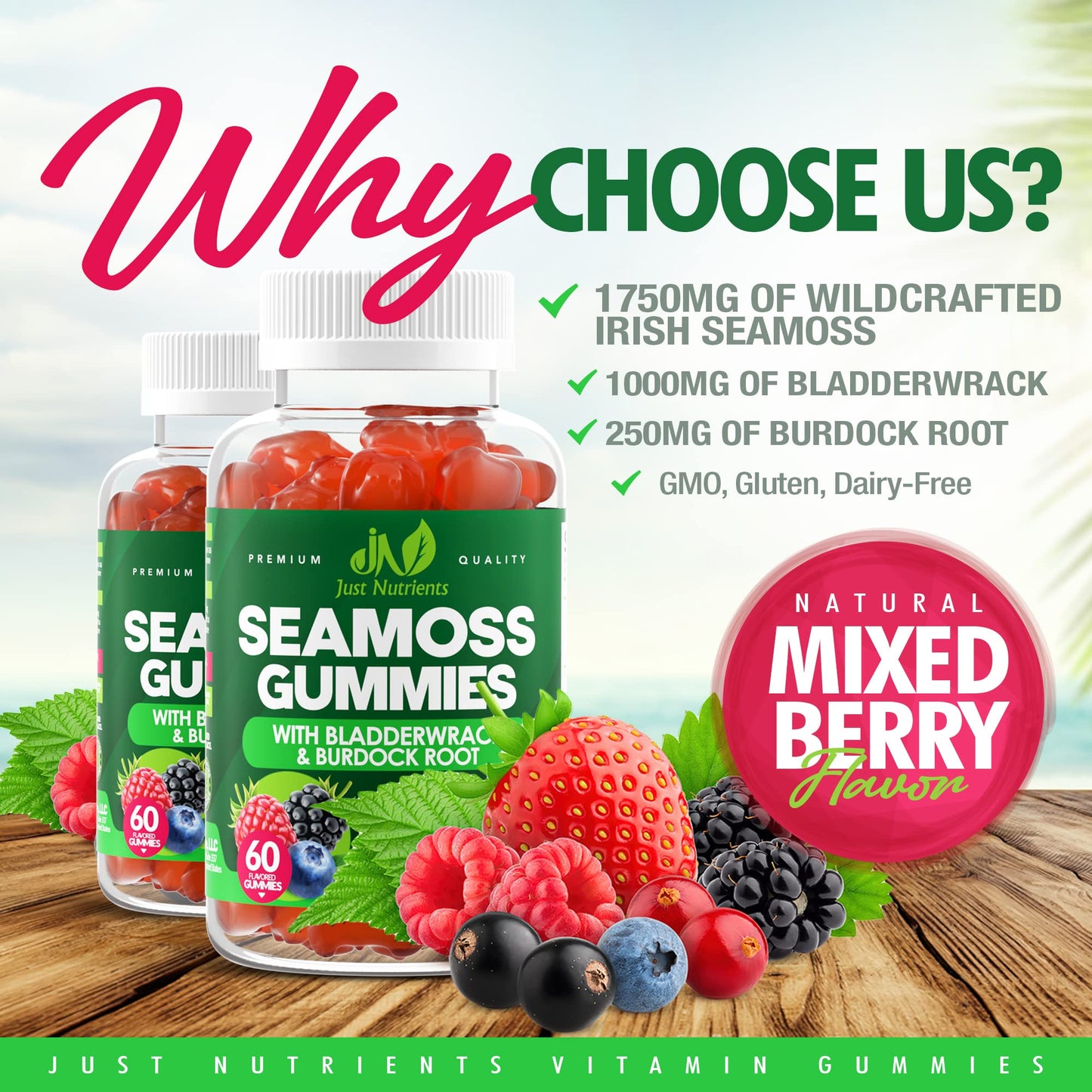 Sea Moss 3000mg Gummies with Bladderwrack and Burdock Root - Natural Irish Sea Moss for Immune, Thyroid and Detox Support - Extra Strength, Great Tasting - Gluten-Free, Vegan - 60 Gummies