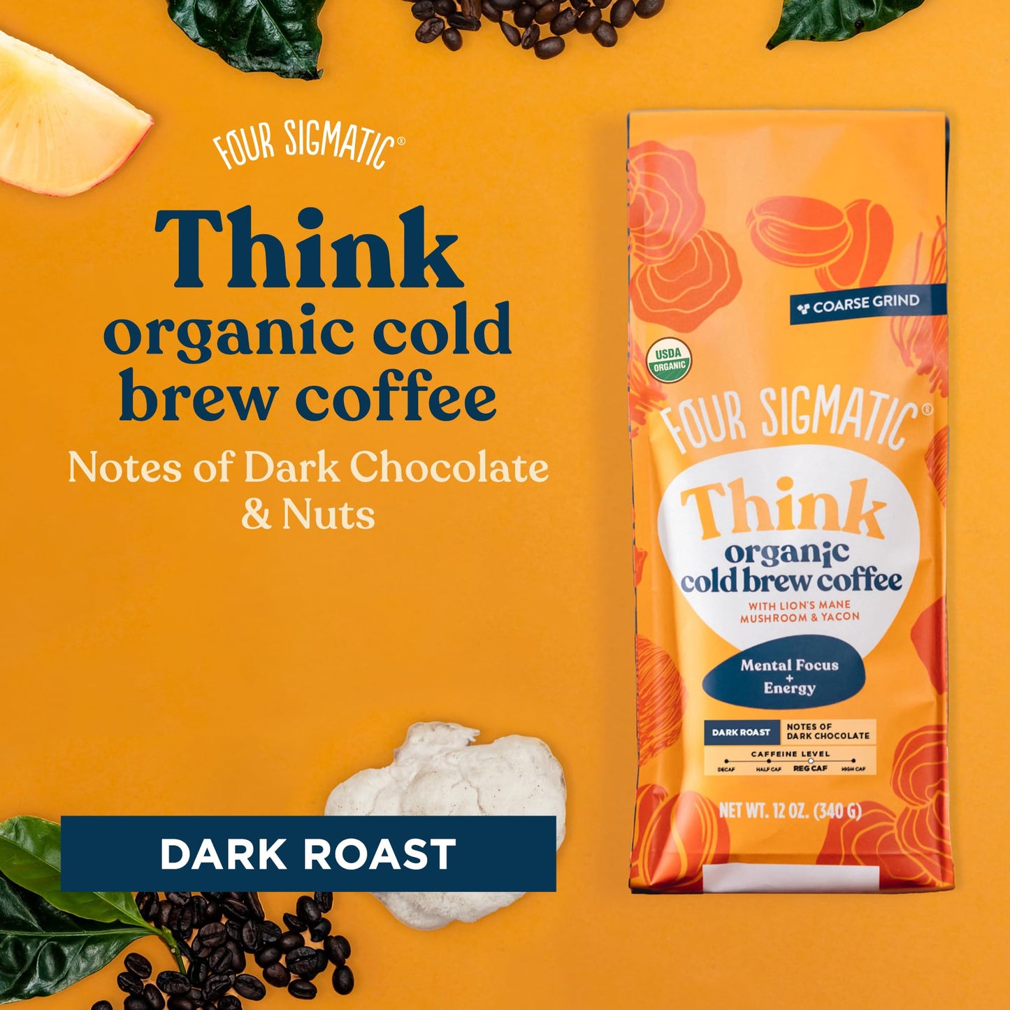 FOUR SIGMATIC Organic Cold Brew Coffee Grounds  Dark Roast Fair Trade Coarse Grounds with Lions Mane and Chaga  Cold Brew Mushroom Coffee for CrashFree Focus  12 oz Bag