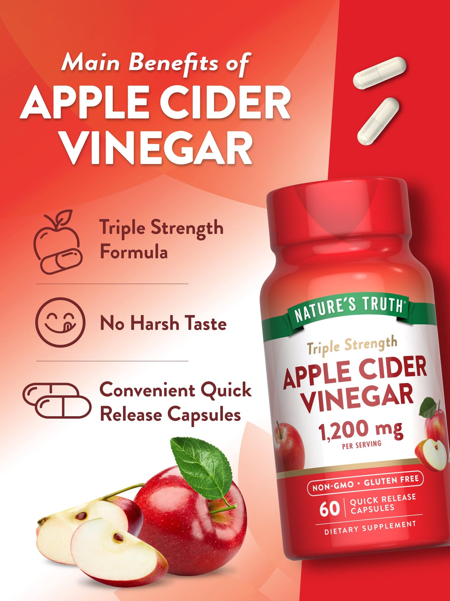 Nature's Truth Apple Cider Vinegar Capsules | 1200mg | Quick Release Pills | Non-GMO & Gluten Free Supplement