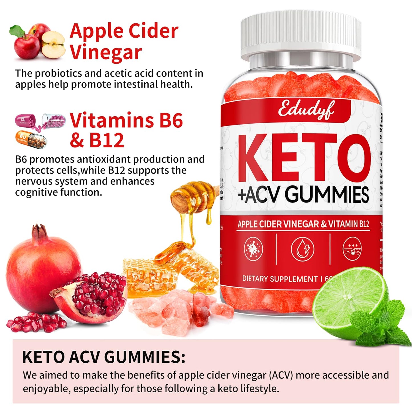 EDUDYF Keto ACV Gummies - 60 Count Gluten-Free, Gelatin-Free Apple Cider Vinegar Gummies with B12 for Keto Support, Vegetarian, Unique Flavor, Convenient Bottled Supplement for Men & Women