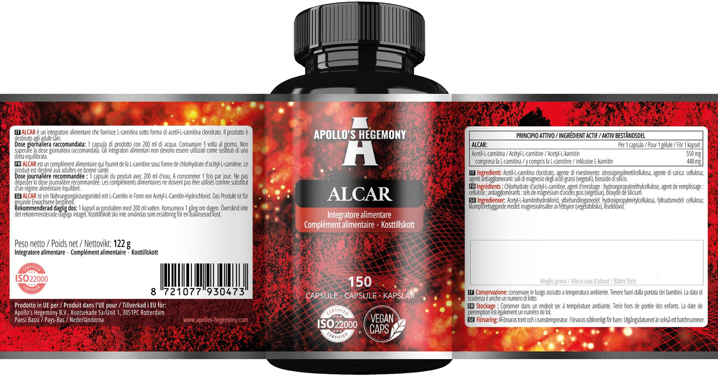 APOLLO'S HEGEMONY Acetyl L-Carnitine HCL 550 mg, ALCAR 150 Vegan Capsules, 5 Months Supply, High Strength Amino Acid Supplement, Supports Cognitive Functions & Energy Levels