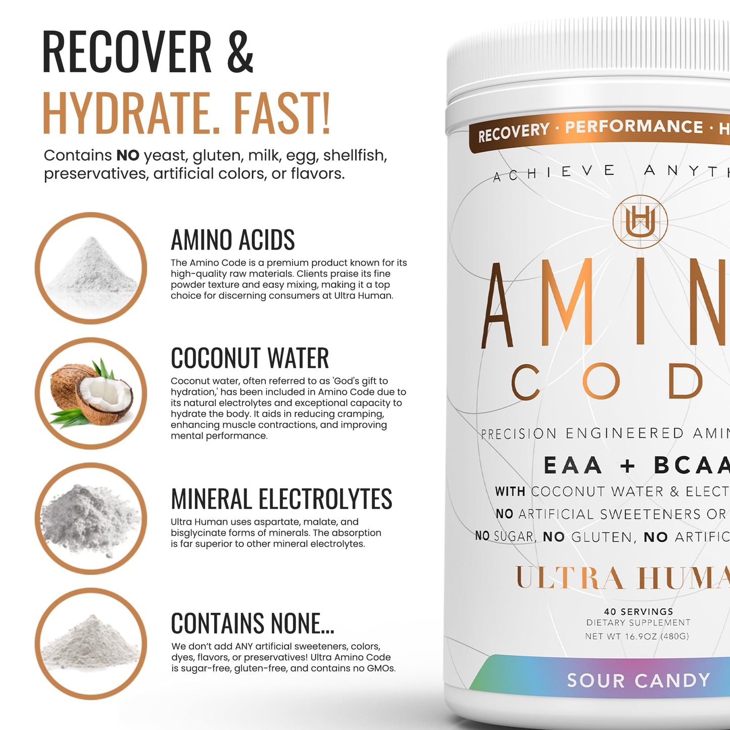 Ultra Human Amino Code | Essential Amino Acids + BCAAs + Coconut Water Electrolytes | Fast Hydration Workout Recovery Flavored Amino Energy Powder Drink | Clean Formula, 40 Servings - Sour Candy