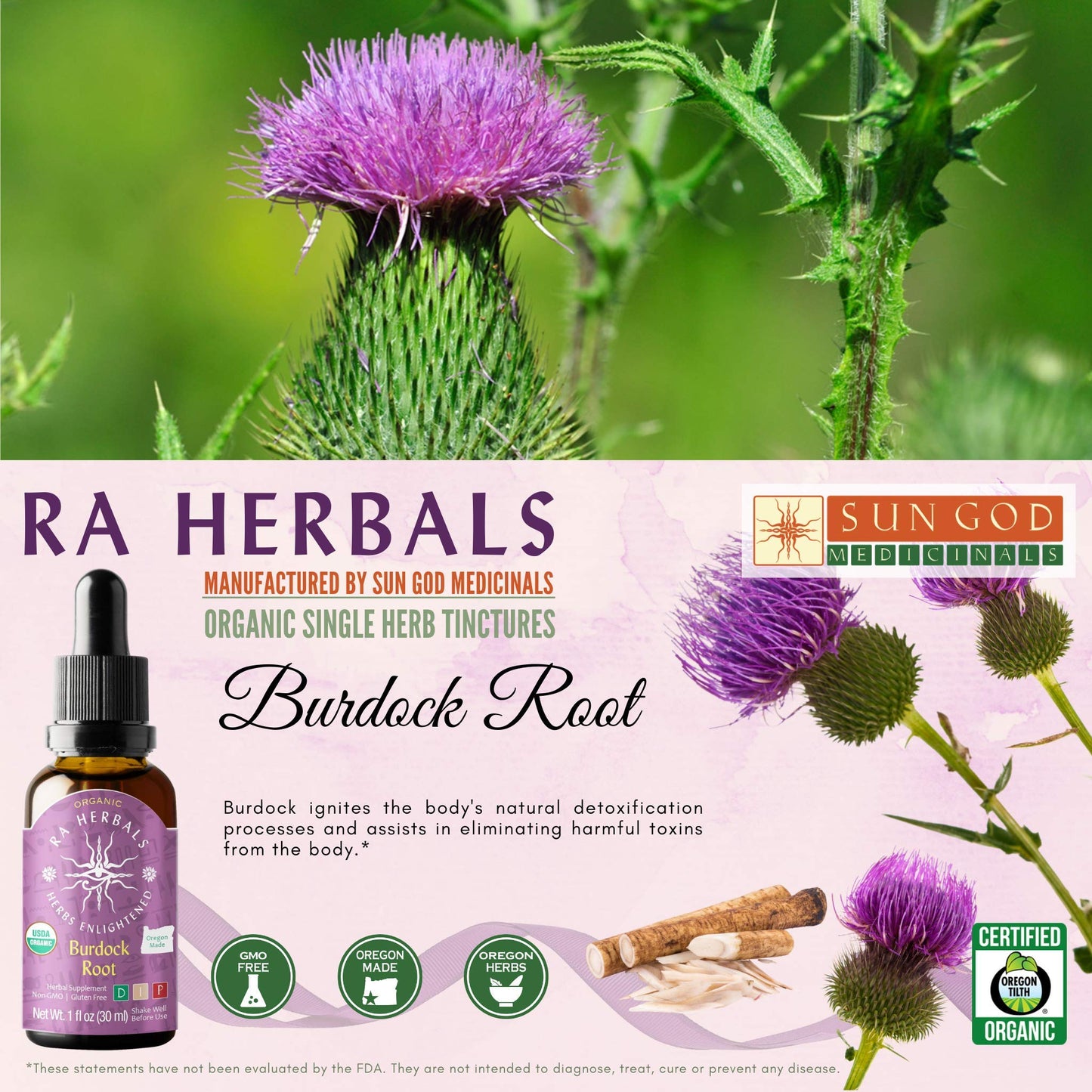 Sun God Medicinals Ra Herbals Organic Burdock Root Liquid Extract - Detox Support - 1 fl oz