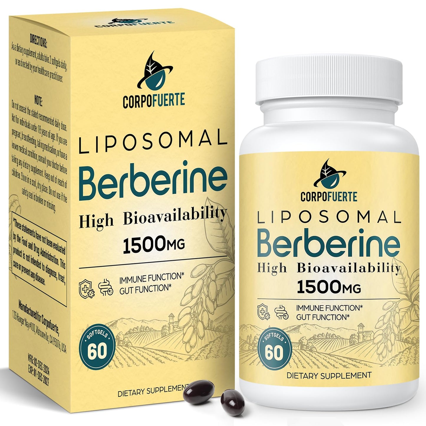 Corpofuerte Liposomal Berberine HCl 1500 mg - Berberine Supplement Activates AMPK & GLP-1 - Supports Reduces Body Burden in Women and Men (1 Pack)