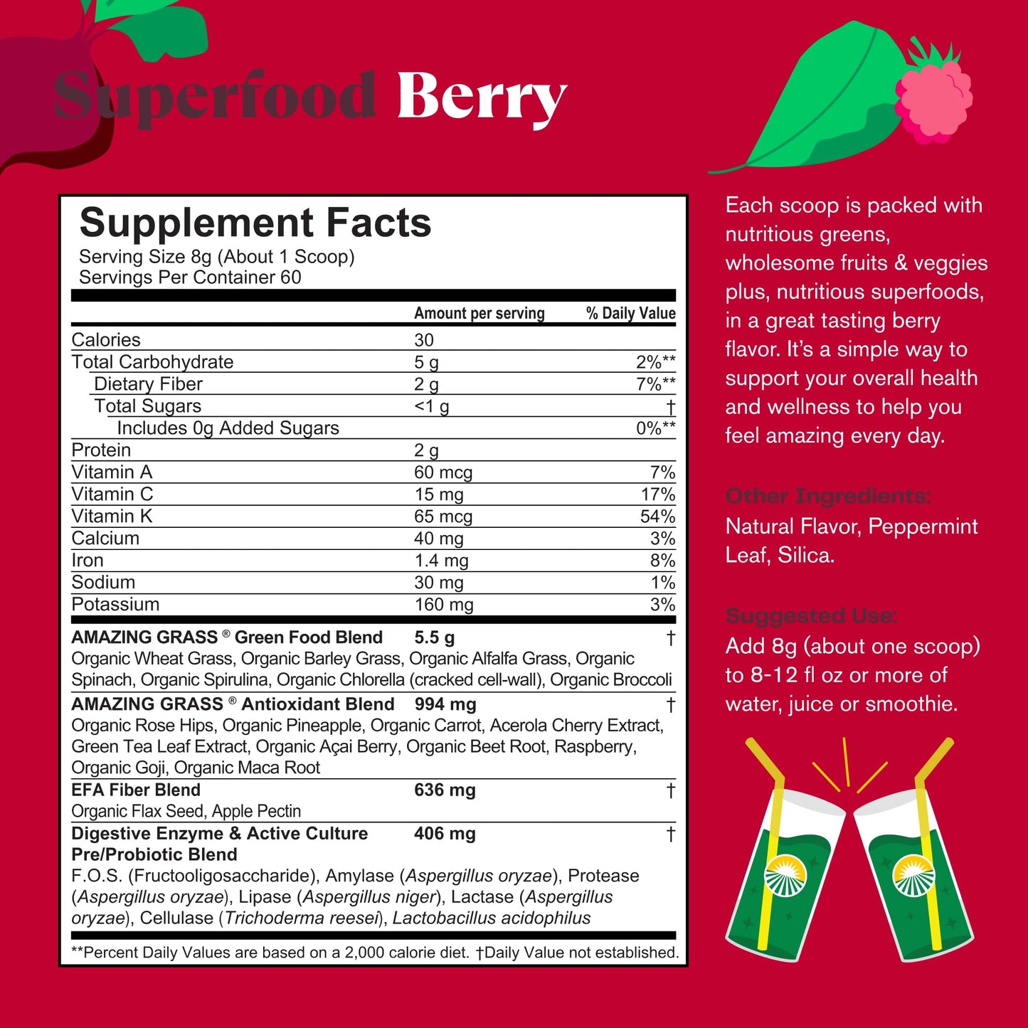 Amazing Grass Greens Superfood Powder: Greens Powder with Digestive Enzymes & Probiotics, Organic Spirulina, Chlorella, and Beet Root Powder, Berry, 60 Servings