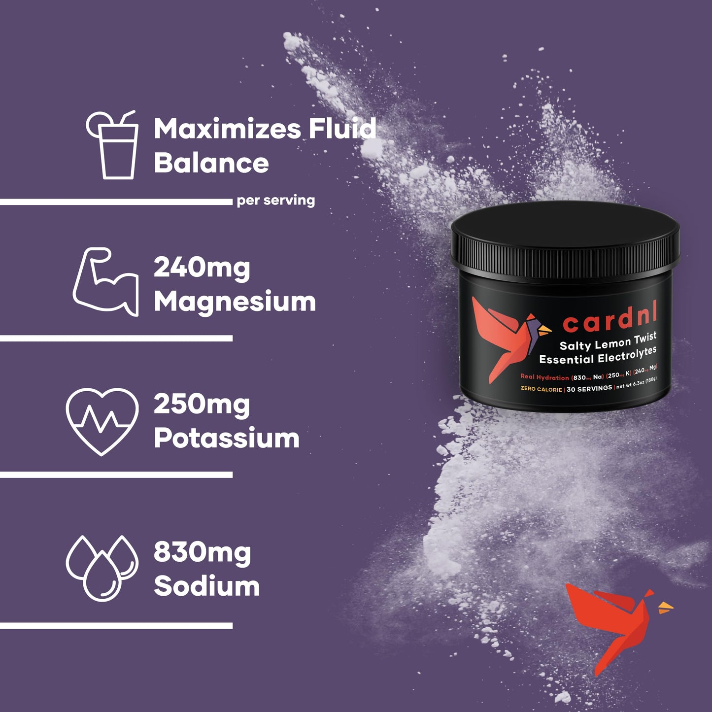 Cardnl Zero Sugar Electrolytes, Authentic Salty Lemon, Lowest Cost, Most Electrolytes Per Serving, Clean Ingredient Powder (30 Servings)