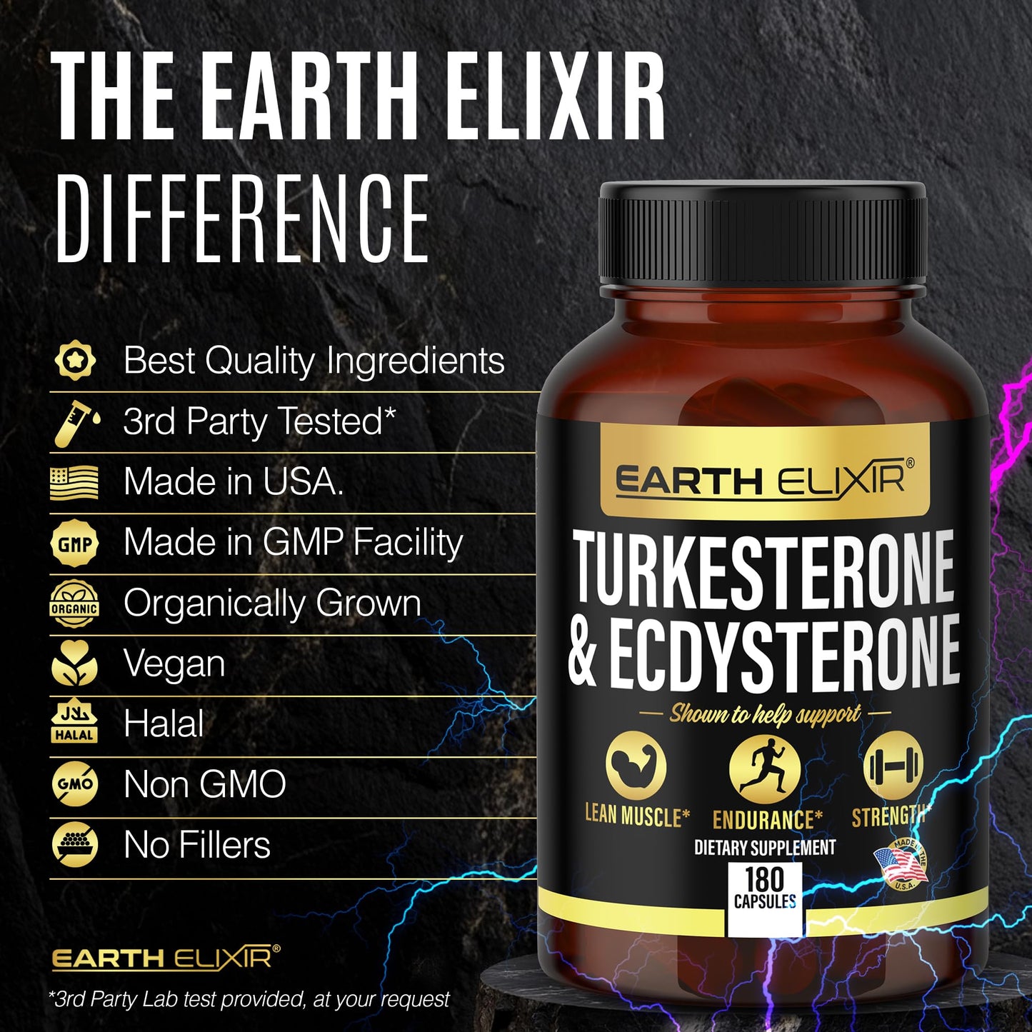 Earth Elixir Turkesterone 1000mg and Ecdysterone 1000mg Supplements (180 Capsules) 2 Month Supply - 3rd Party Tested- Turkesterone Supplement for Men (Ajuga Turkestanica) with 95% Beta Ecdysterone