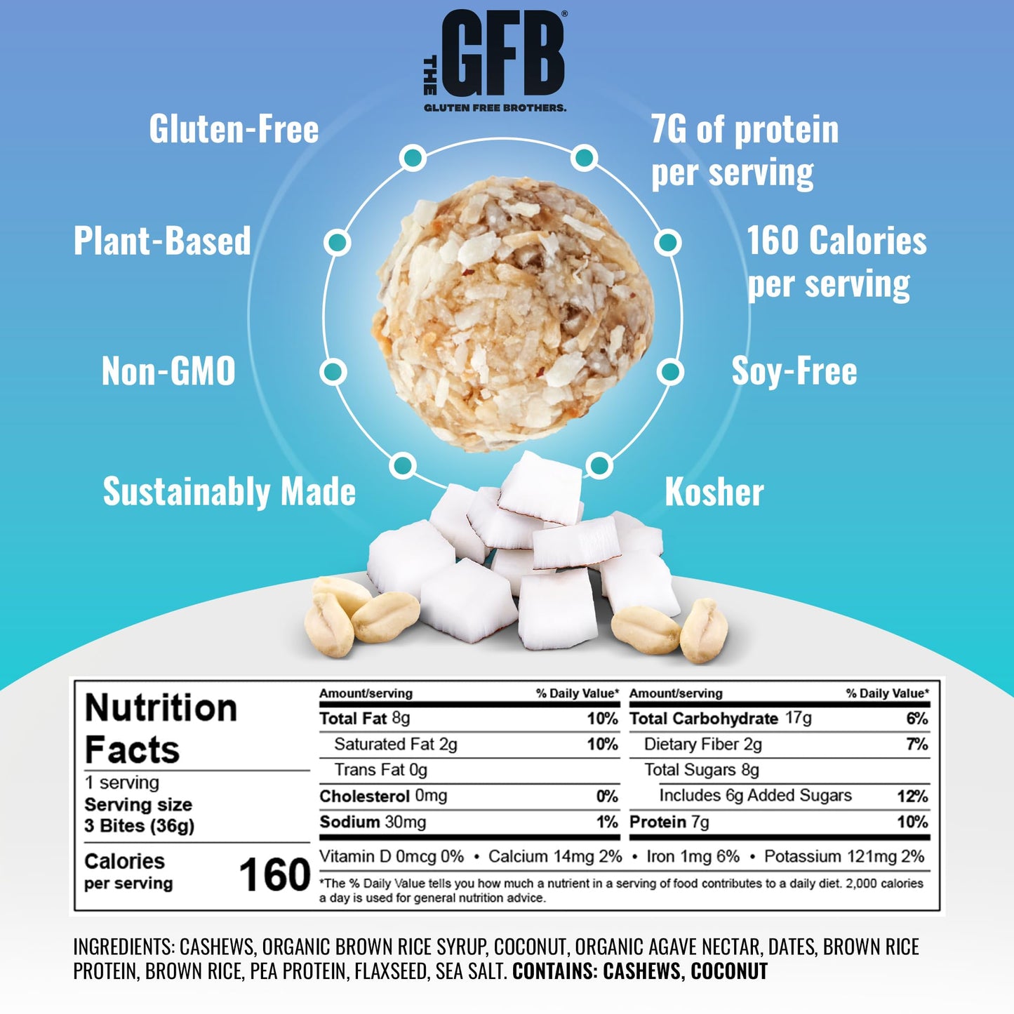 The GFB Coconut Cashew Protein Bites - Gluten Free, Plant Based, Non GMO, Sustainably Made - Ridiculously Tasty, Healthy, Vegan, Protein Energy Balls, 1.2 oz (10 count)