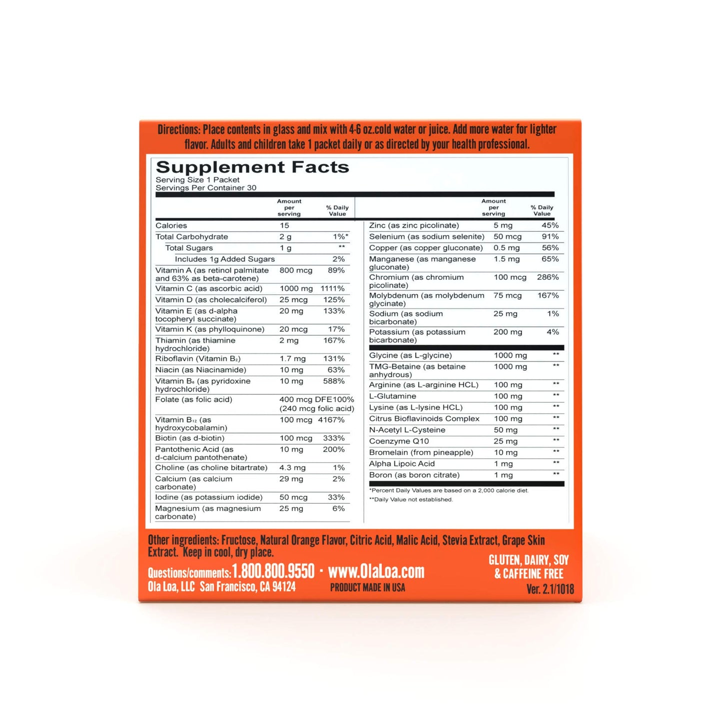 Ola Loa Energy Orange Multi Vitamin Drink Mix - Amino Energy Powder, Gluten Free, Detox, Dairy Free, Caffeine Free - Drink Your Vitamins for the Rigors of Daily Life - 30 Packets (8.25oz)