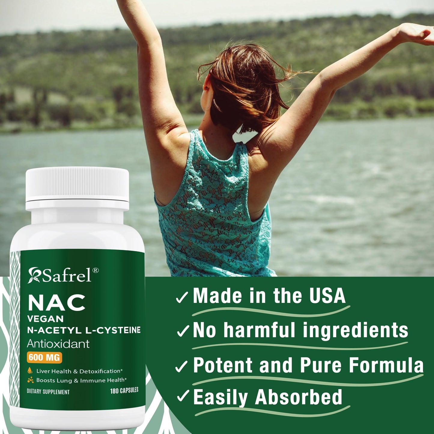 Safrel N-Acetyl-L-Cysteine (NAC) Capsules, 600mg, 180 Count, Respiratory, Immune, Liver Health Potent antioxidant Support, Free-radicals, Easy to Absorb, Non-GMO, Gluten Free