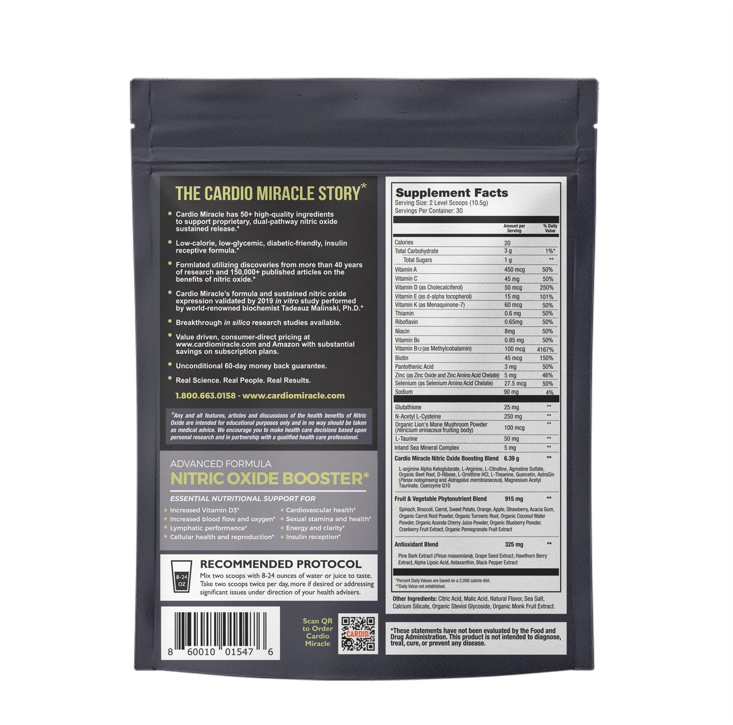 Cardio Miracle - The Complete Nitric Oxide Solution - Nutritional Heart Healthy L-Arginine and Organic Beetroot Drink Mix, 30 Serving Pouch