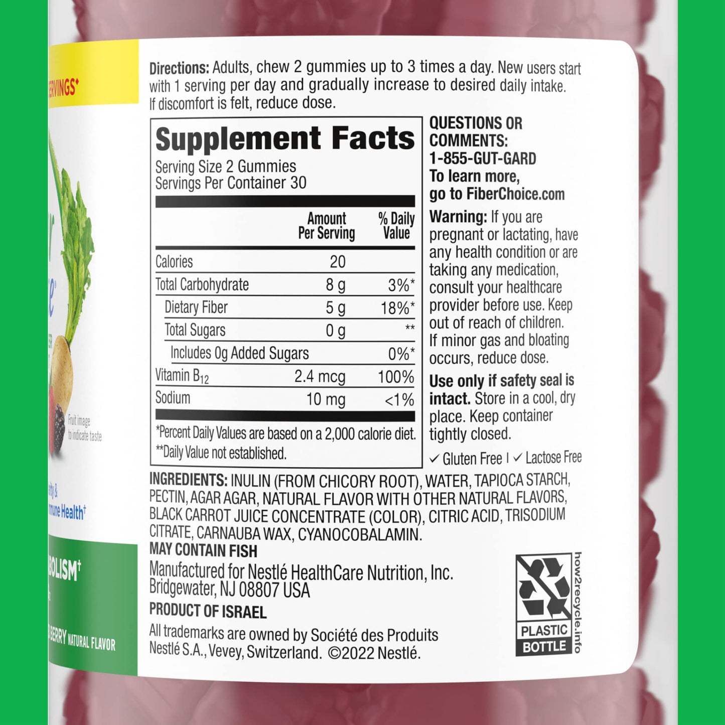 Fiber Choice 5g Plant-Based Prebiotic Fiber Gummies, Supports Energy Metabolism, Regularity & Healthy Gut Bacteria, Mixed Berry, 60 Count (2 per Serving)