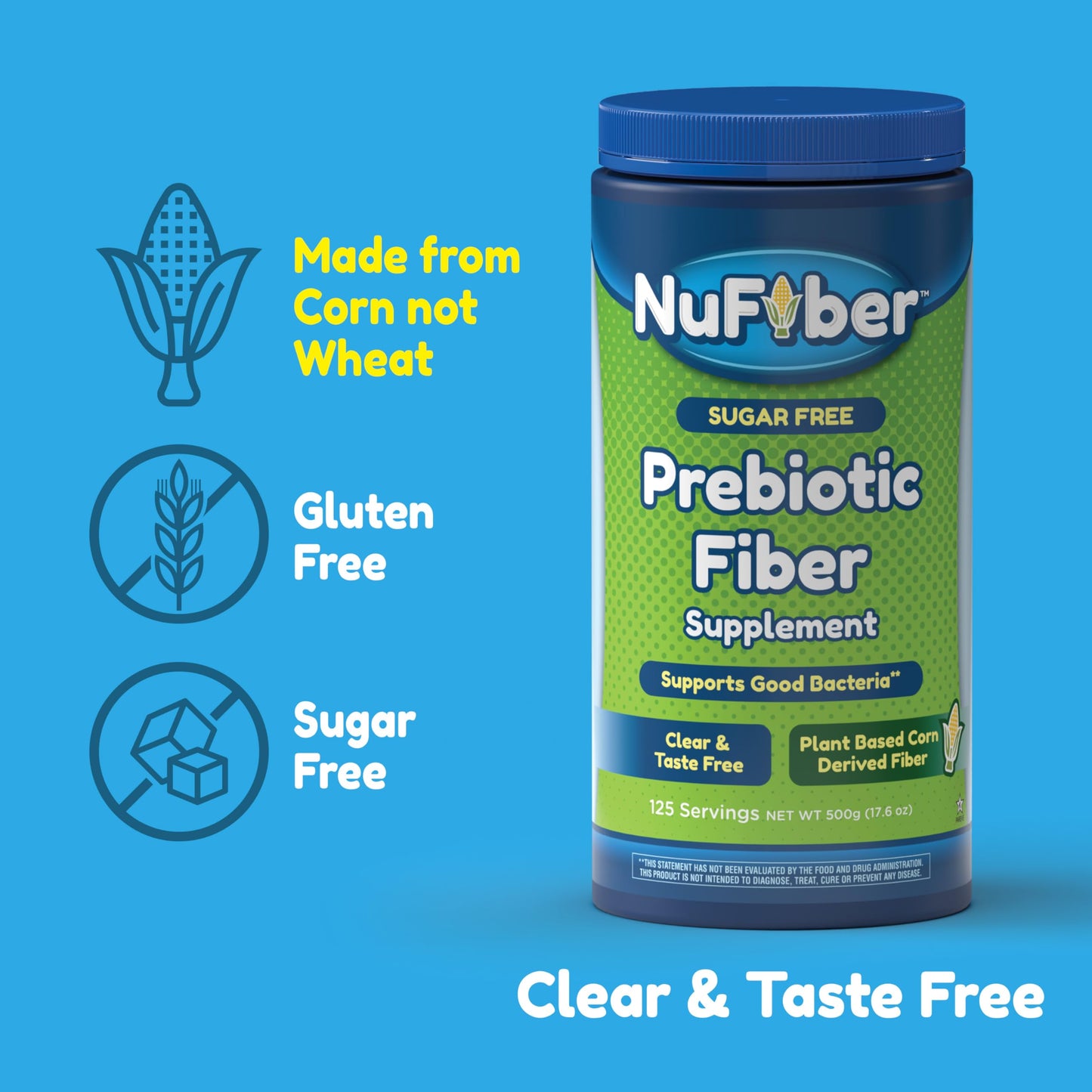 NuFiber Fiber Supplement, Daily Prebiotic Fiber, 125 Servings, Clear, Grit & Taste Free, No Gluten & Sugar, Plant Based Corn Powder to Support Digestive & Gut Health