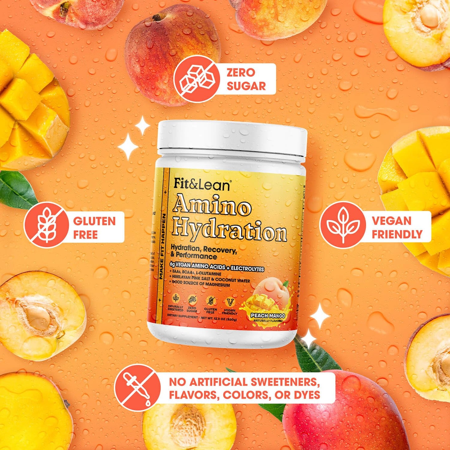 Fit&Lean Amino Hydration, Naturally Sweetened Workout Recovery Drink, 6g Vegan Amino Acids, EAA, BCAA, Glutamine, Electrolytes, Peach Mango, 30 Servings