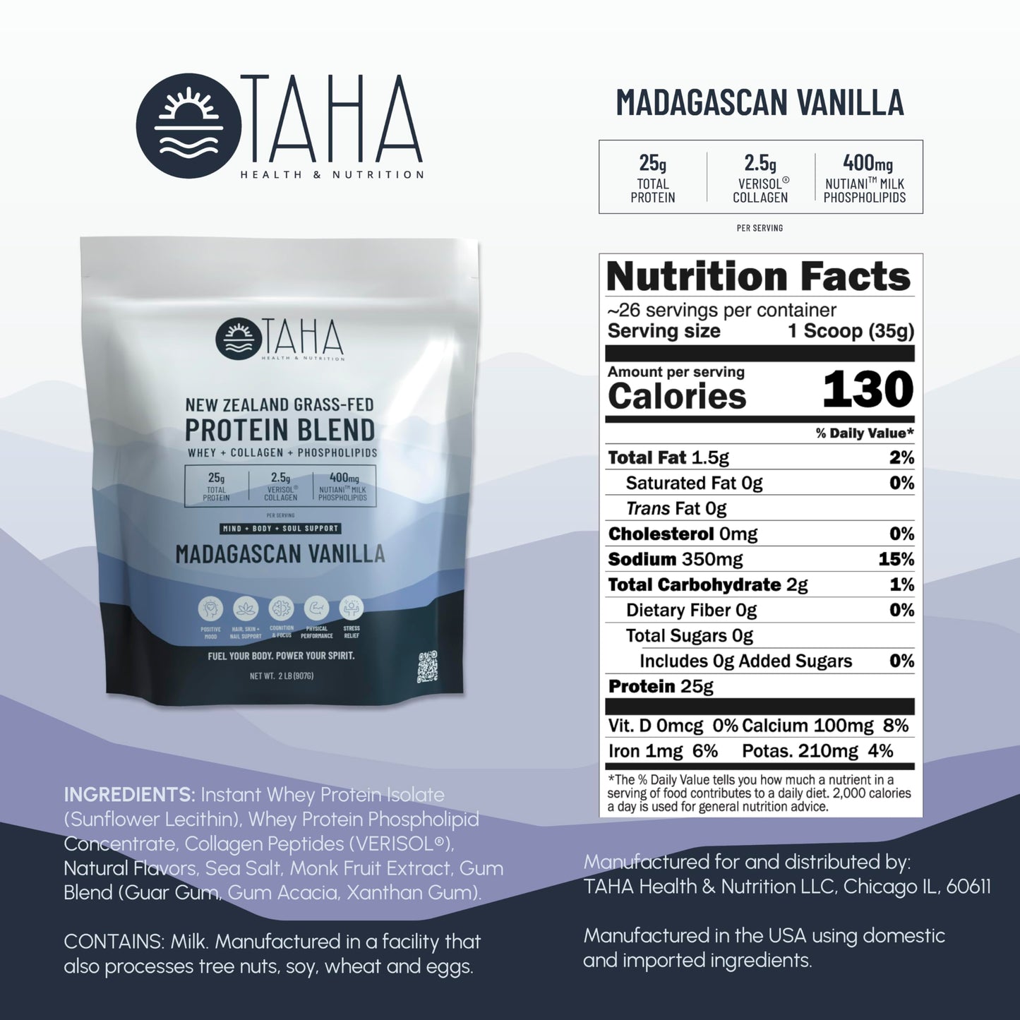 Taha Health & Nutrition Mind+Body+Soul Protein Blend - Madagascan Vanilla. 25g of Protein per Serve from Whey & Collagen, Plus 400mg Milk Phospholipids | New Zealand Grass-Fed, Free-Range Dairy | 2LB