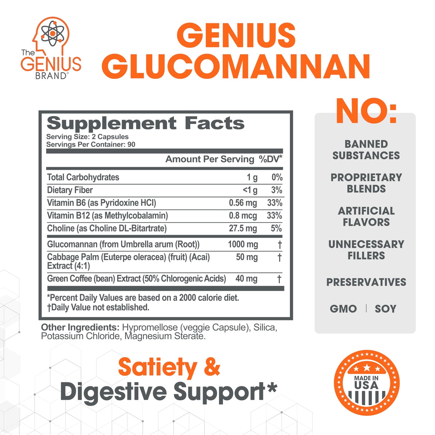 The Genius Brand - Genius Glucomannan 1,000mg Per Serving, 180 Capsules - Natural Fiber Source, Supports Regularity, Healthy Weight Management, Digestive Support, Non-GMO, Gluten Free