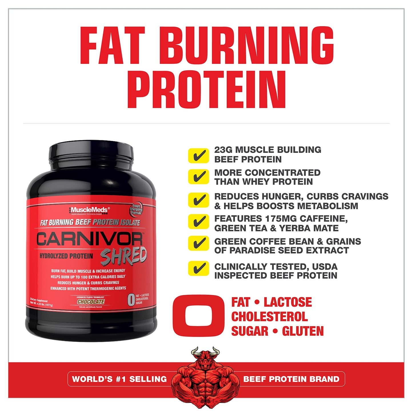 MuscleMeds Carnivor Shred Fat Burning Hydrolized Beef Protein Isolate, 0 Lactose, 0 Sugar, 0 Fat, Chocolate, 4.35 lbs