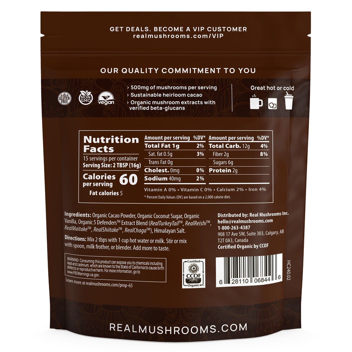 Real Mushrooms Organic Hot Chocolate Mix with 5 Defenders Turkey Tail Chaga Maitake Shiitake  Reishi Mushroom  Organic Cacao Powder  Vegan Mushroom Supplement GlutenFree 15 Servings