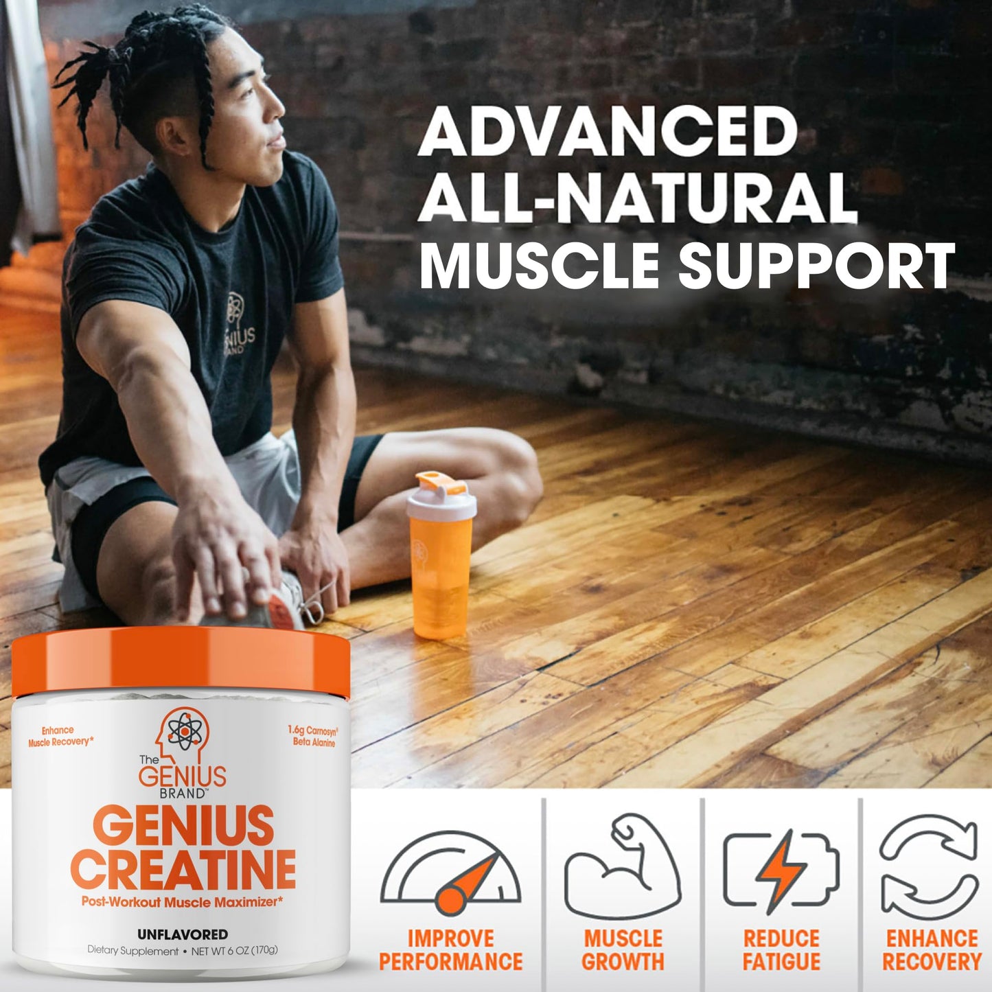 Genius Micronized Creatine Monohydrate Powder, Post Workout Supplement, Unflavored - 100% Naturally Flavored & Sweetened - Supports Muscle Building, Cellular Energy & Cognitive Function - 170g