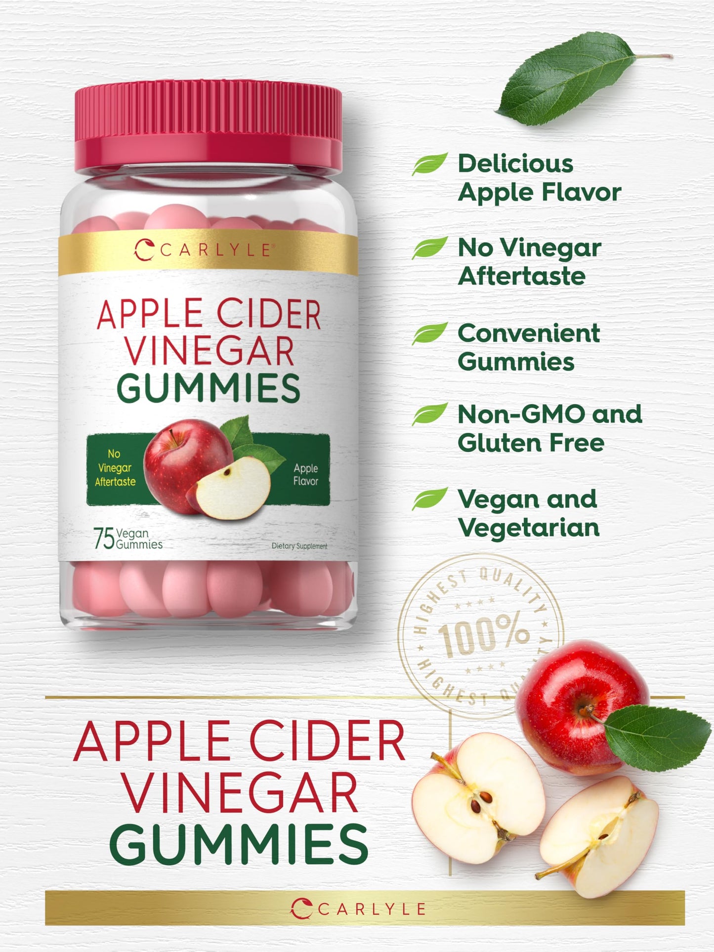 Carlyle Vegan Apple Cider Vinegar Gummies | 75 Count | Apple Flavor | Non-GMO, Gluten Free | ACV Supplement