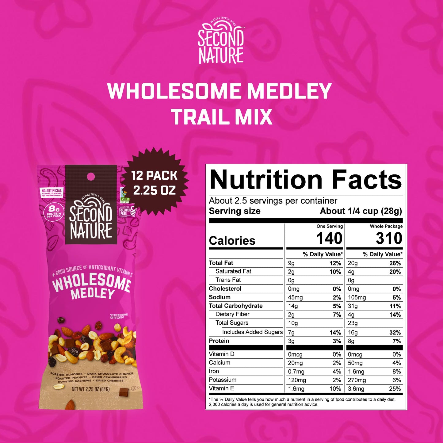 Second Nature Wholesome Medley Trail Mix  12 Count 225 oz Individual Snack Packs Certified GlutenFree  Dark Chocolate Dried Fruit and Nut Trail Mix Ideal for Travel Snacks