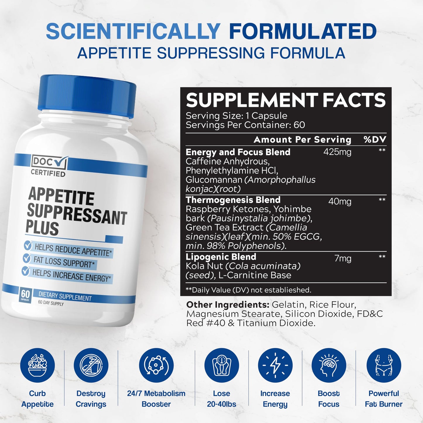 Doc Certified | #1 Strongest Appetite Suppressant for Weight Loss Pills for Women & Men | Fat Burner Supplement, Metabolism Booster, Carb Blocker | Extra Strength Diet Pills That Work Fast - 60 Dose
