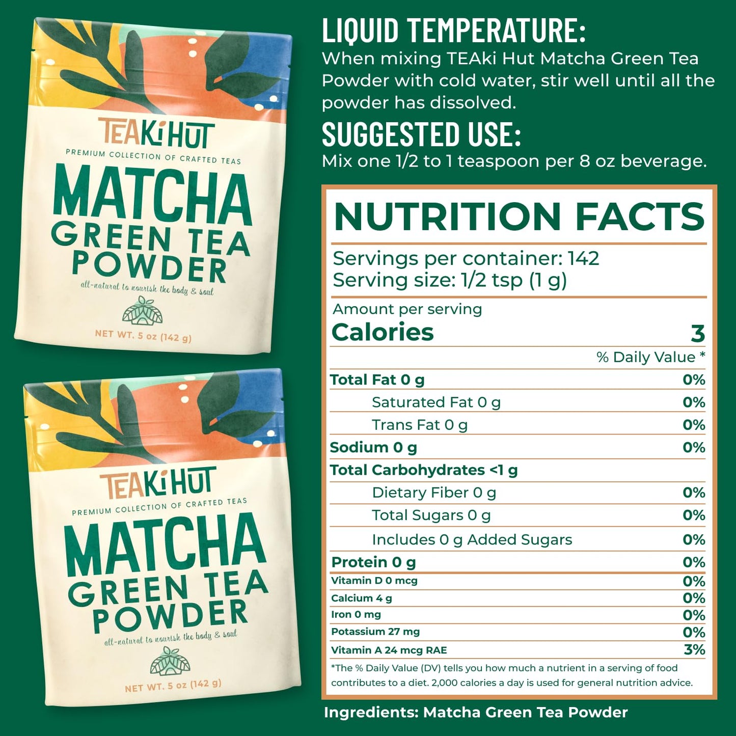 TEAki Hut Organic Matcha Green Tea Powder 5 oz Refreshing Matcha Green Tea Powder for Baking and Cooking Unsweetened and Delicious Pure Matcha Powder for Smoothies Latte Hot and Cold Drinks