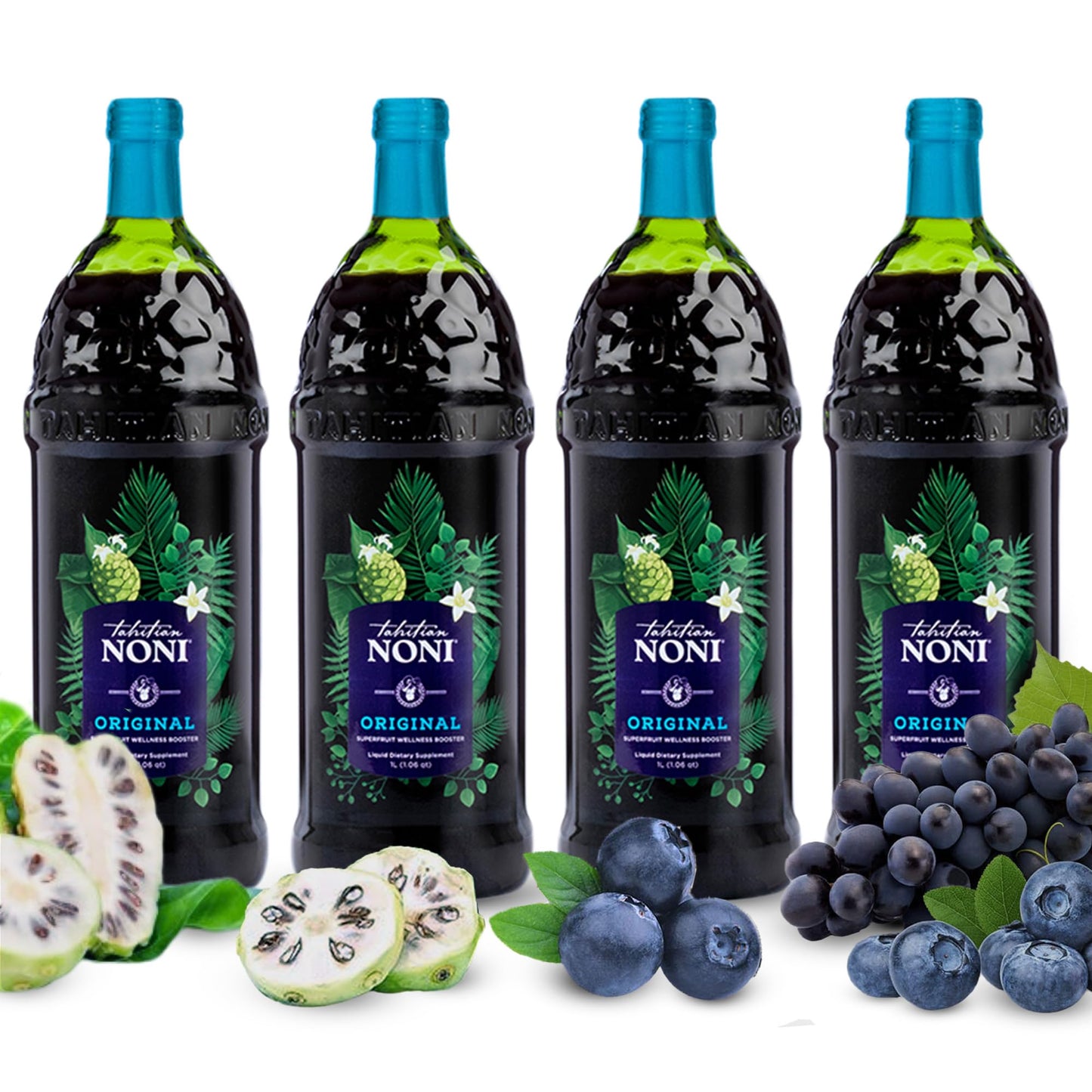 TAHITIAN NONI Juice by Morinda Original and Authentic Noni Fruit Puree from Tahiti with Natural Blueberry  Grape Resveratrol AllNatural Daily Wellness Drink  4 One Liter Juice Bottles Per Case