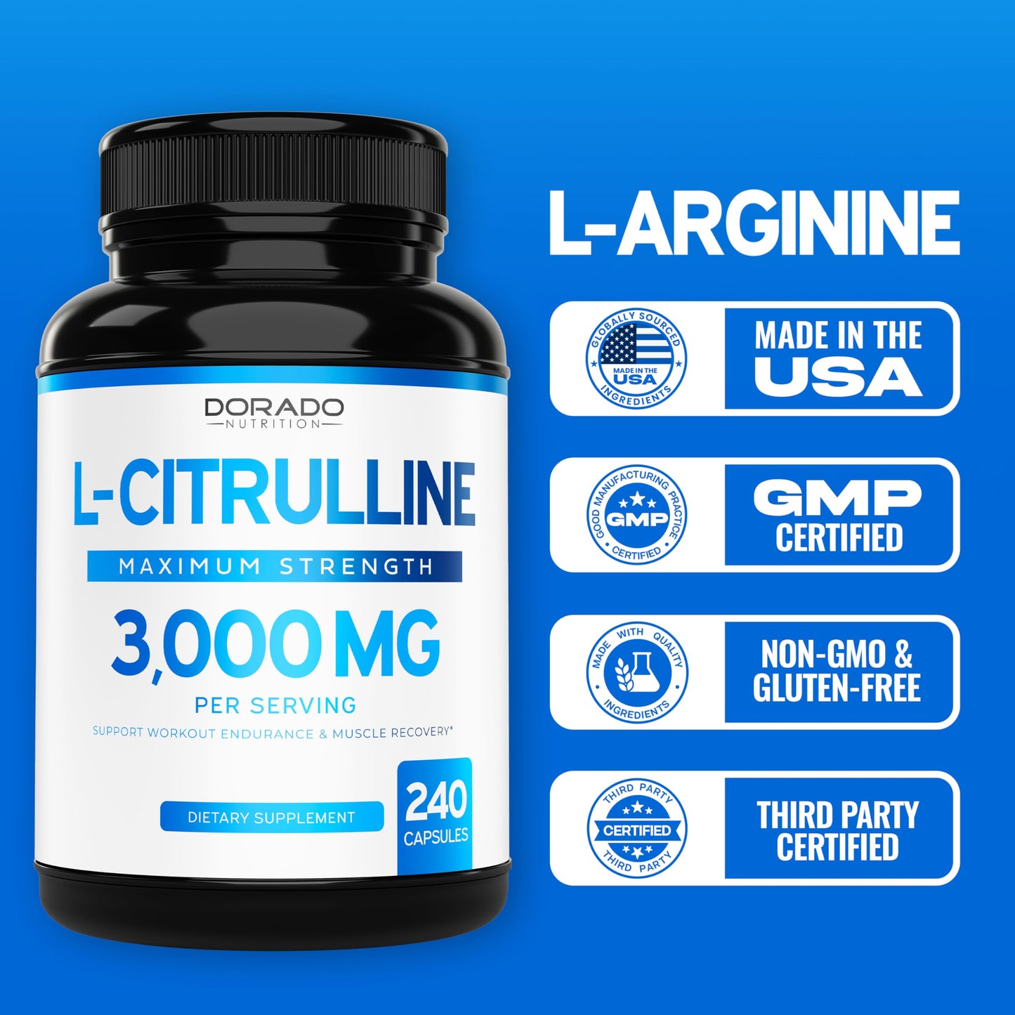 L Citrulline 3000mg Supplement (240 Capsules) Support L Arginine & Nitric Oxide Pills - L-Citrulline For Men & Women - Stamina, Endurance, Performance for Workouts - 3rd Party Tested, Vegan, USA Made