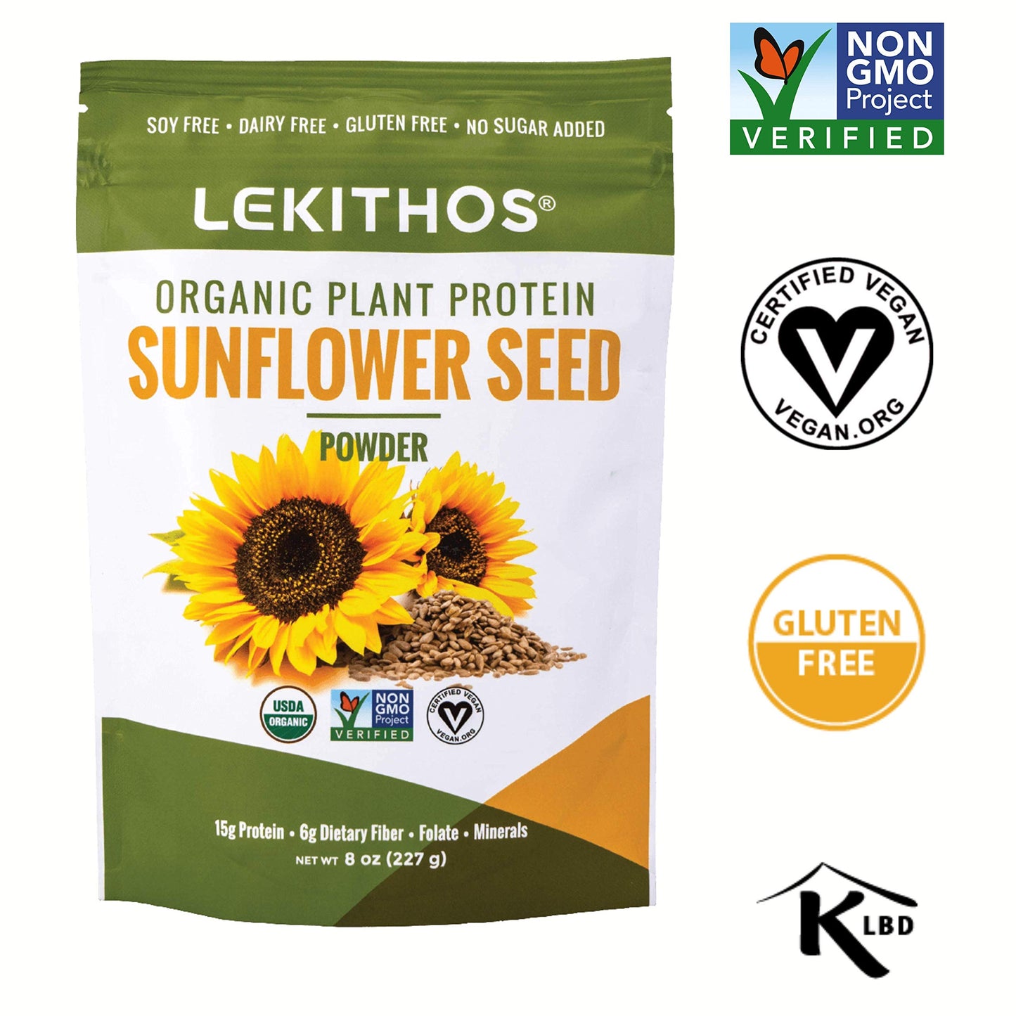 Lekithos Organic Sunflower Protein Sunflower - 8 oz - 15g Protein - Certified USDA Organic, Non-GMO Project Verified, No Added Sugars - Certified Vegan - Gluten Free