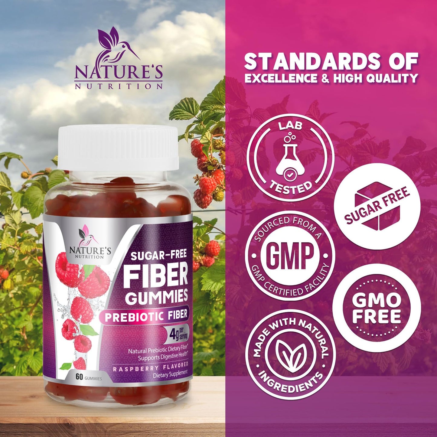Fiber Supplement Gummies - Sugar-Free Daily Gummy for Adults Digestive Health & Regularity Support - 4g Prebiotic Plant Based Fiber Supplements Blend for Women & Men - Raspberry Flavor - 60 Gummies