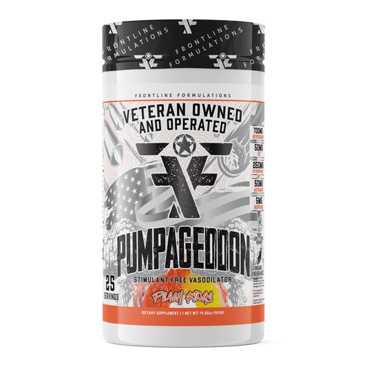 FRONTLINE FORMULATIONS Pumpageddon, Non Stim Pre-Workout Powder, Explosive Workouts, Insane Endurance, Skin Splitting Pumps, Veteran Owned and Operated, Packaging May Vary (25 Servings, Peach Rings)