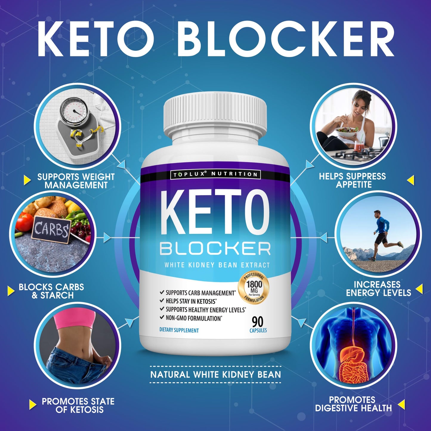 Toplux Keto Blocker Pills White Kidney Bean Extract - 1800 mg Natural Ketosis, Support Keto Diet, for Men Women, 90 Capsules, Supplement