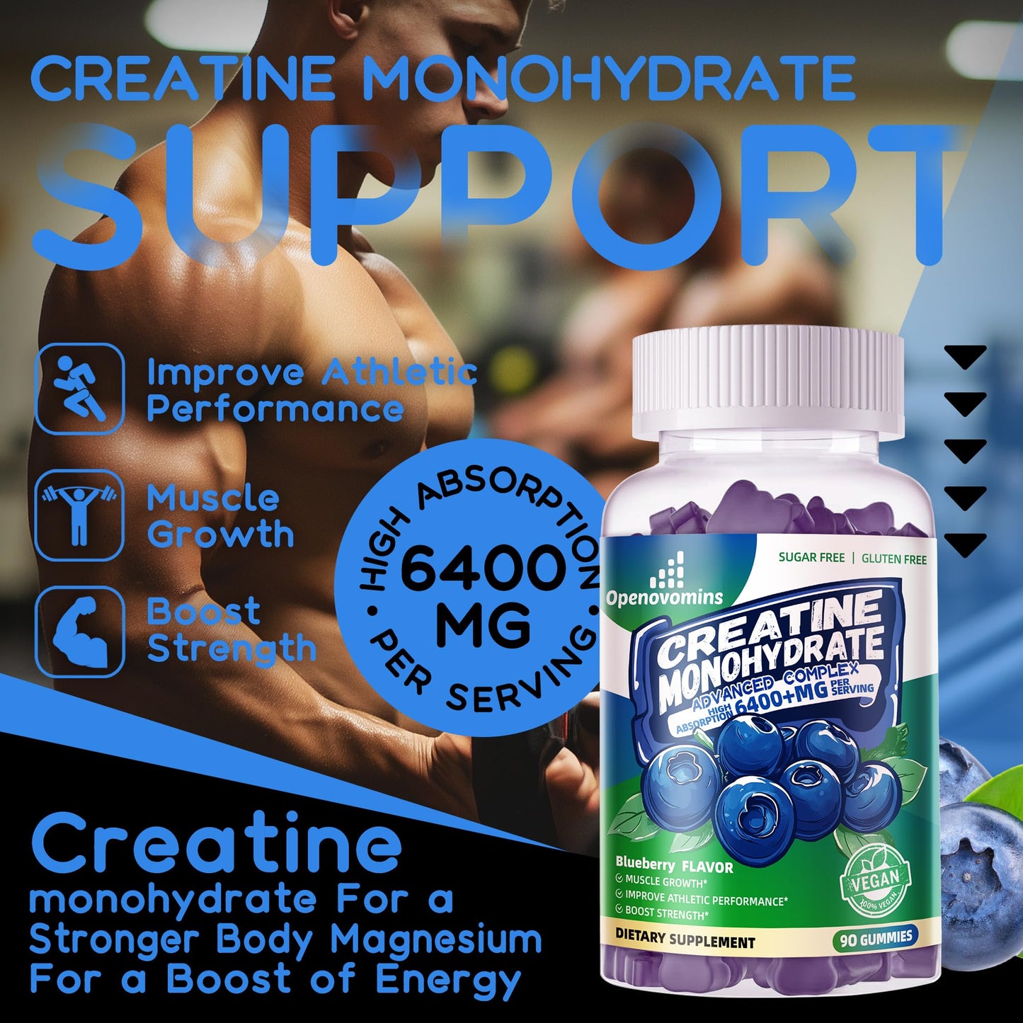 Creatine Monohydrate Gummies Complex for Men & Women -Advanced Formula W/L-Taurine + Vitamin B12, Sugar Free Chewable Supplement,90 Blueberry Gummies