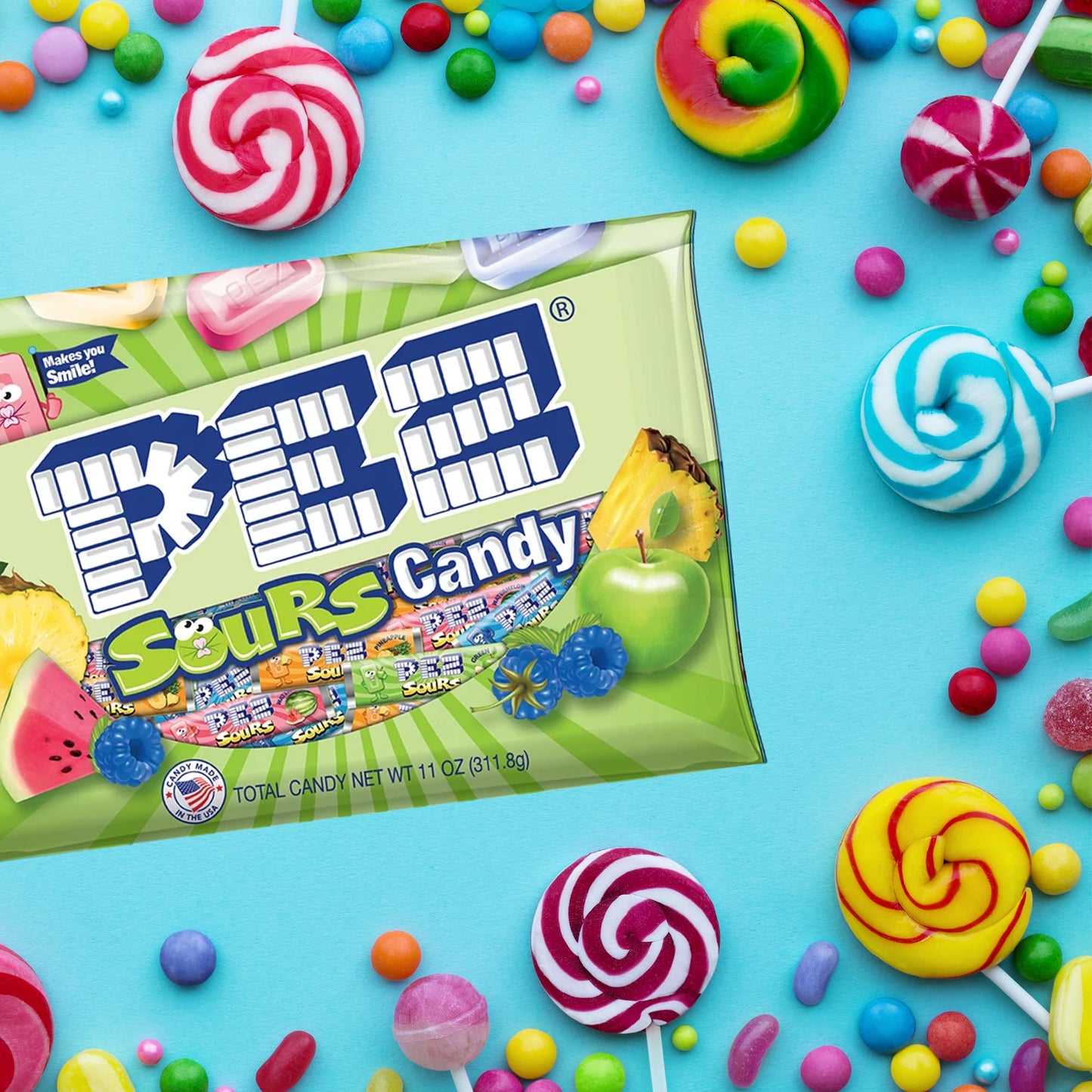 Bulk Sour Pez Candies Refill Bags Pineapple Green Apple Blue Raspberry and Watermelon Hard Candy Sours Pack of 2