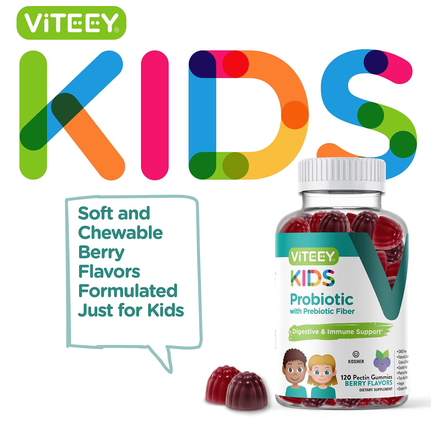 Probiotic Gummies for Kids Plus Prebiotics Fiber - 2 Billion CFUs - Digestive Health,Gut Health, Constipation Relief for Kids Support - Vegan, Gelatin Free - Chewable Probiotic Berry Flavored Gummy