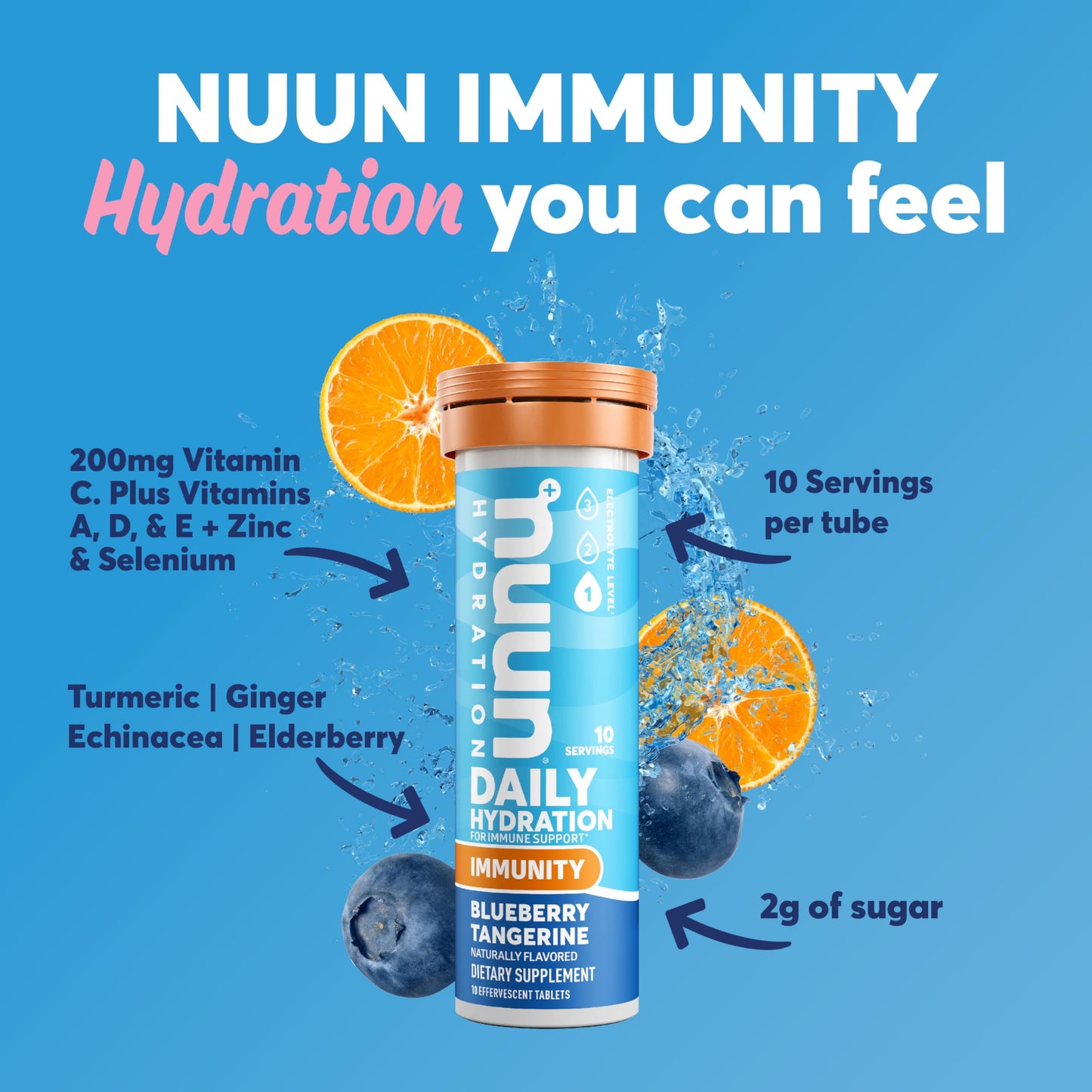 Nuun Immunity Electrolyte Tablets with Vitamin D, C, E, & A, Ginger, Elderberry, Magnesium & 4 Other Essential Electrolytes, Vegan, Blueberry Tangerine & Orange Citrus, 4 Pack (40 Servings Total)