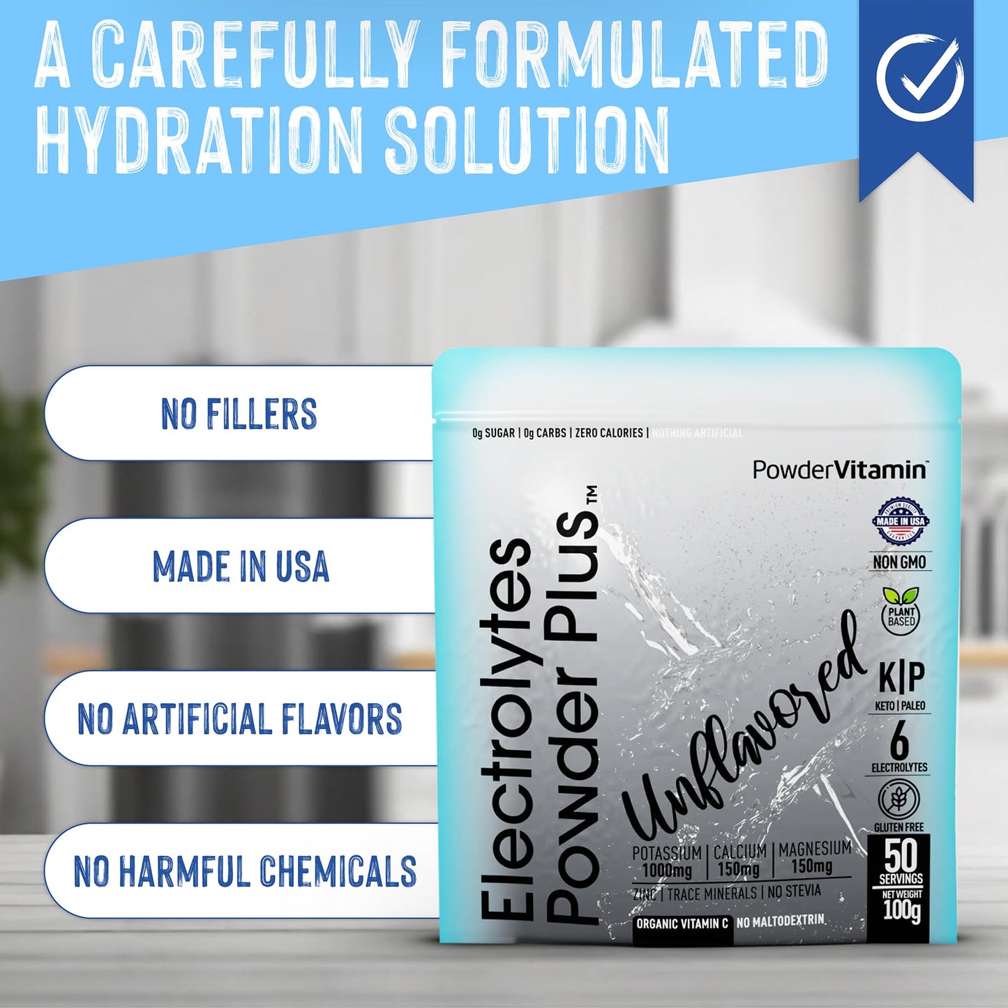 PowderVitamin Electrolytes Powder Plus (50 Servings) Unflavored Electrolyte Powder Keto, Sugar Free, Pink Himalayan Salt.,1000mg Potassium,150mg Calcium,150mg Magnesium, Hydration Powder NO STEVIA