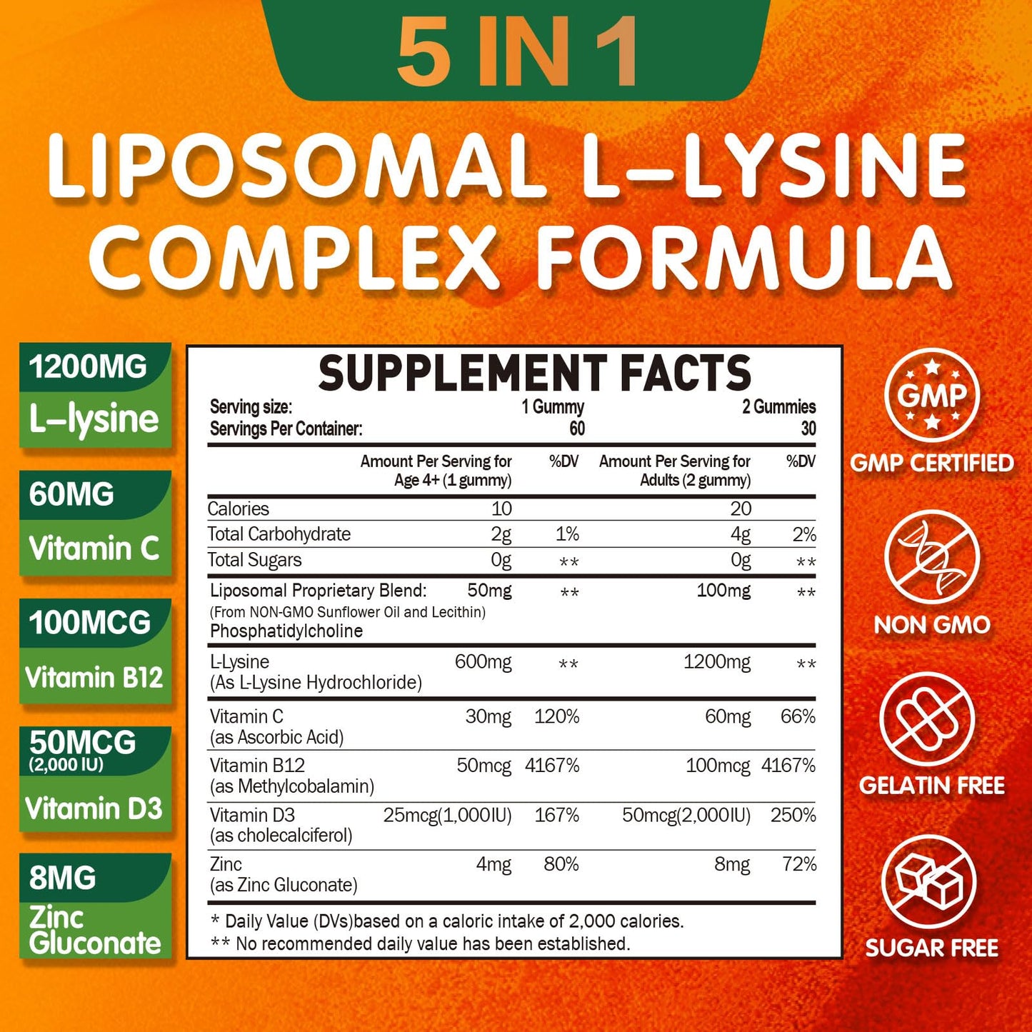 Liposomal L-lysine Gummies 1200mg, Lysine Chewable Supplement with Vitamin C, D3, B12 & Zinc for Adults & Kids, Immune & Collagen Support, Lips & Skin Health, Vegan, Natural Fruit Flavor, 60CT