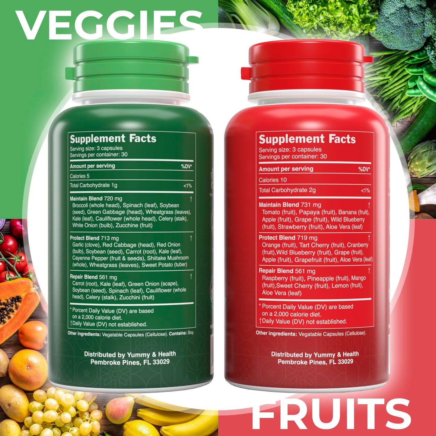 Yummy & Health Fruits and Veggies Supplement - Made with Superfoods - 90 Fruit and 90 Veggie Capsules - Health Supplement for Promoting Energy Equilibrium, Vitamins & Essentials Minerals