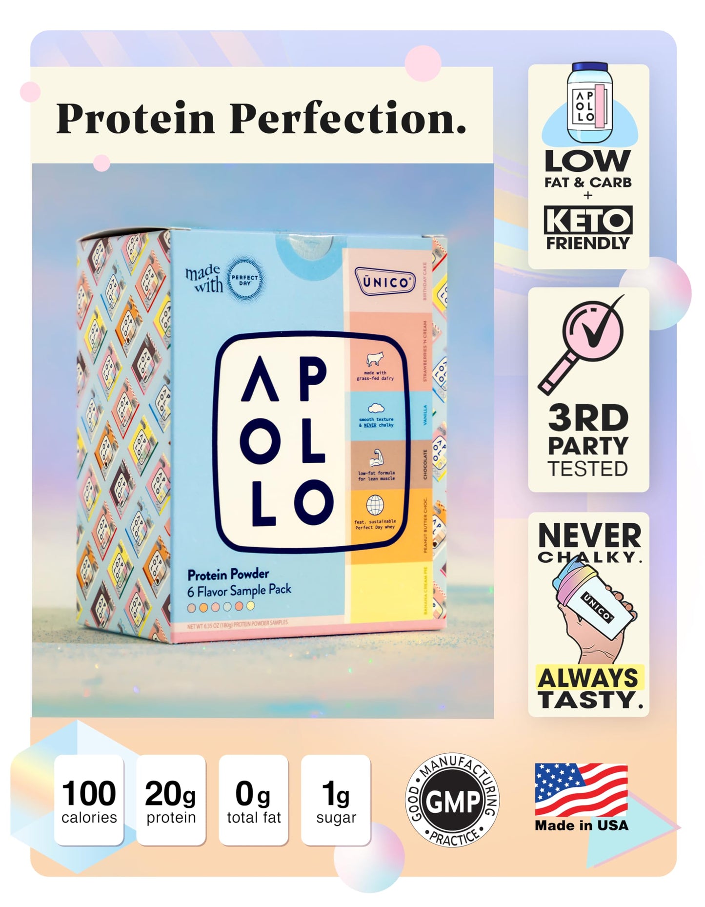 Unico Apollo Protein Powder Samples Variety Pack | Try 6 Flavors in 1 | Convenient Single-Serving Pouches | Non-Chalky Texture | 100% Grass-Fed Whey, Casein and Egg White Protein Formula
