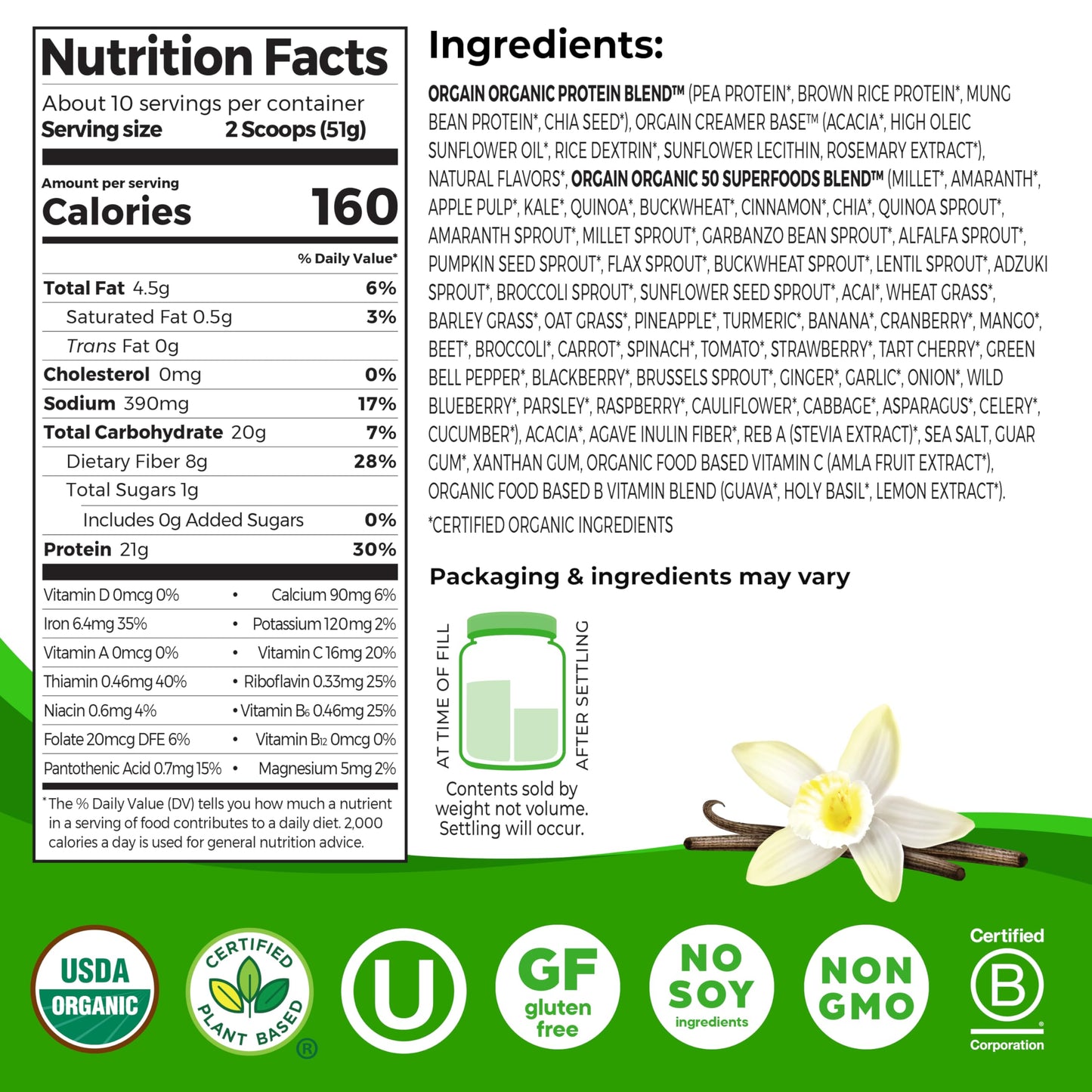 Orgain Organic Vegan Protein + 50 Superfoods Powder, Vanilla Bean - 21g Plant Based Protein, 8g Prebiotic Fiber, No Lactose Ingredients, Gluten Free, No Added Sugar, 1.12 lb (Packaging May Vary)