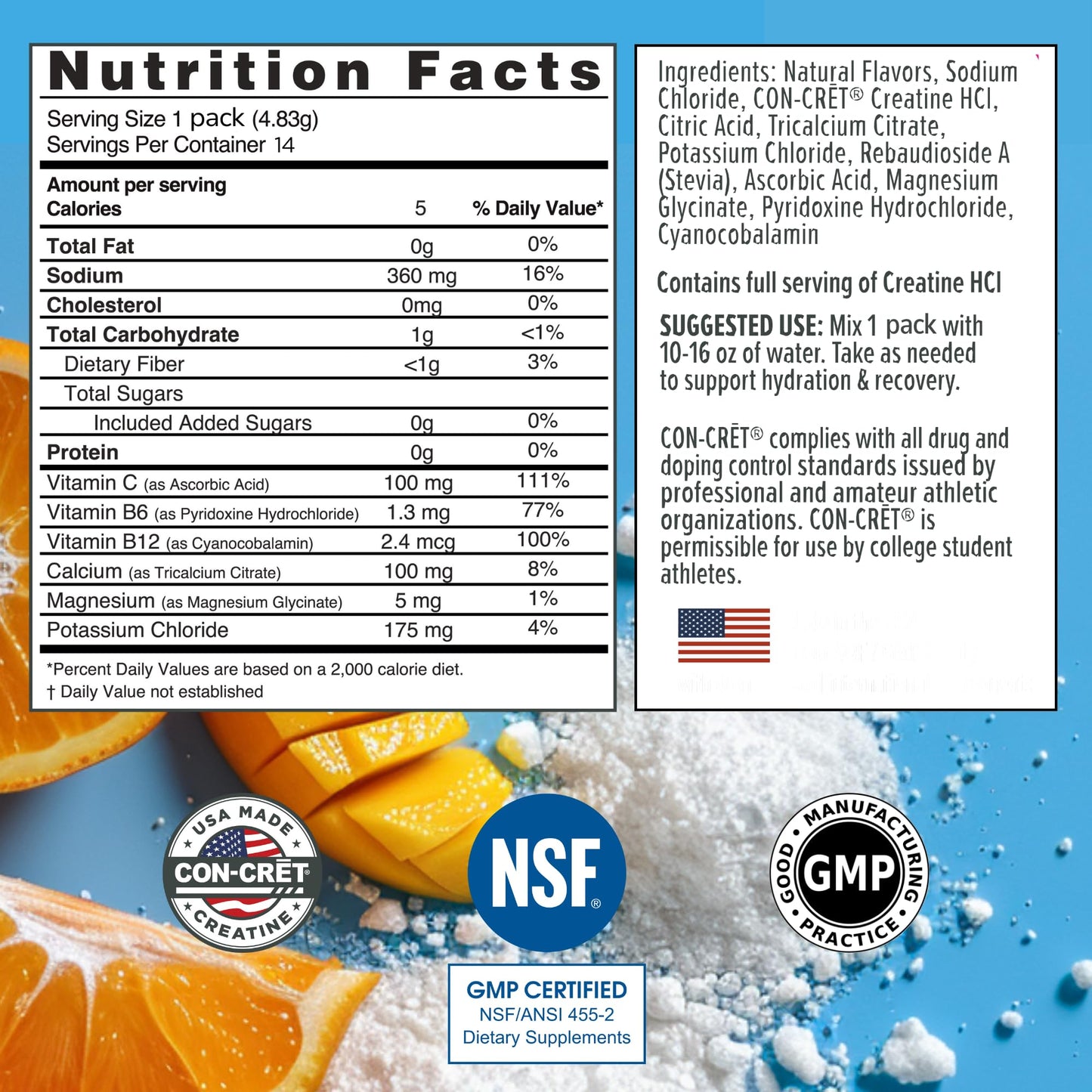 CON-CRET Creatine HCl + Hydration | Electrolyte Powder Packets | Citrus Mango | Sugar Free Electrolytes | Rehydration Formula w Potassium, Sodium, Zinc, Magnesium to Hydrate & Recover (14 Count)